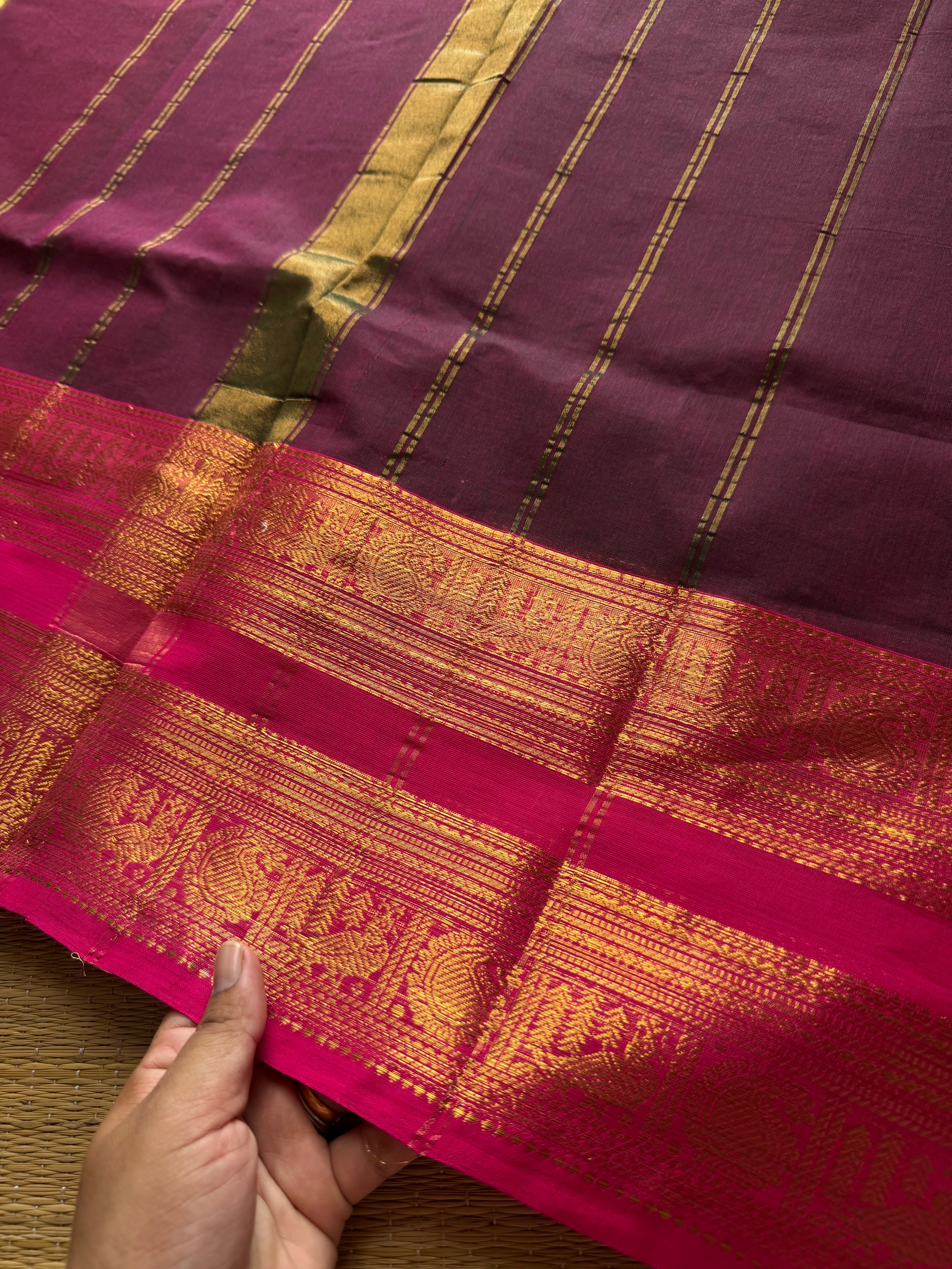 Dual tone purple shade Kanchi cotton saree with contrast Rettapet border