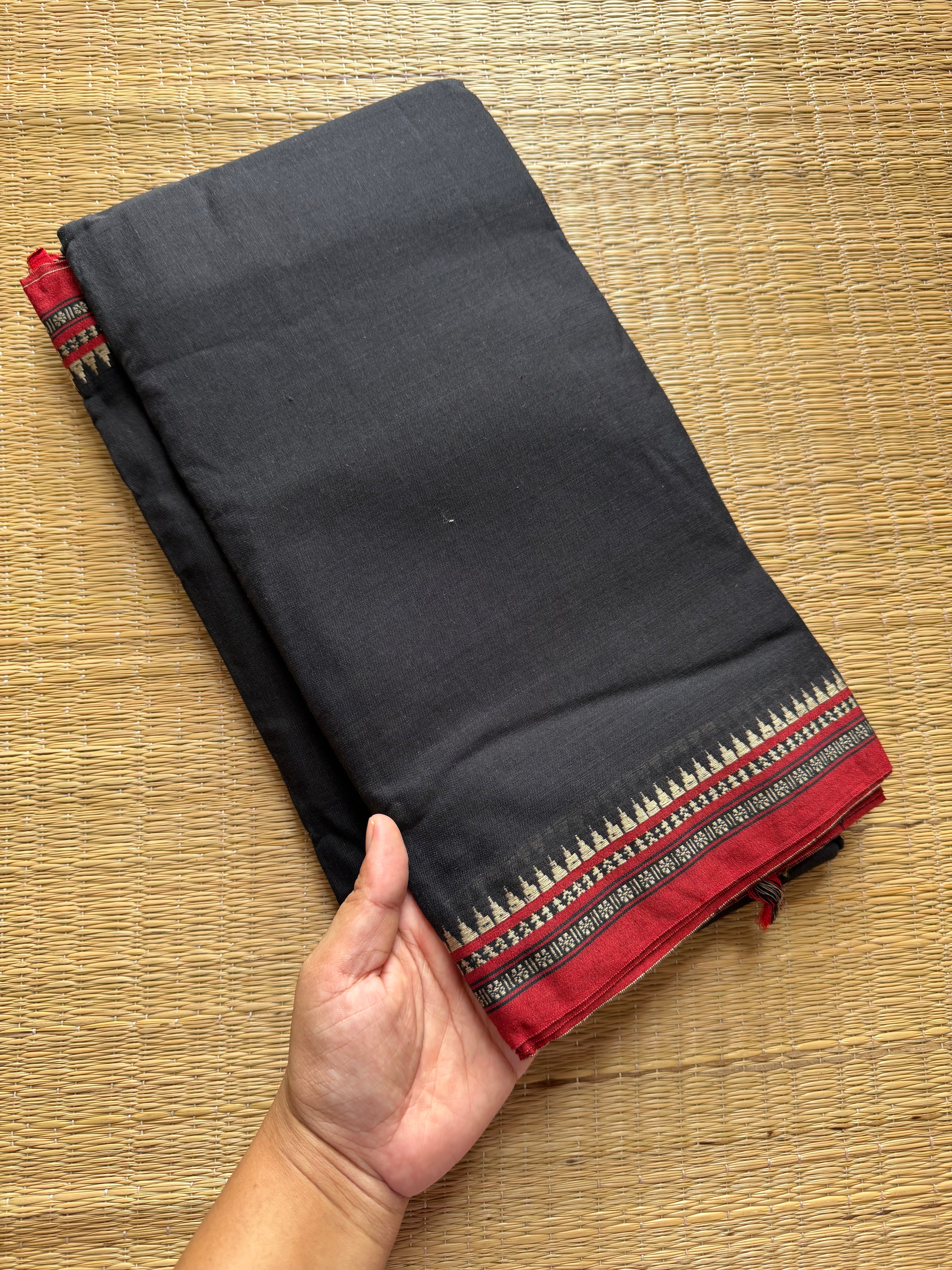 RF457 Black with red combination Mercerised Narayanpet cotton saree with small thread border