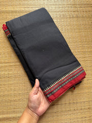RF457 Black with red combination Mercerised Narayanpet cotton saree with small thread border