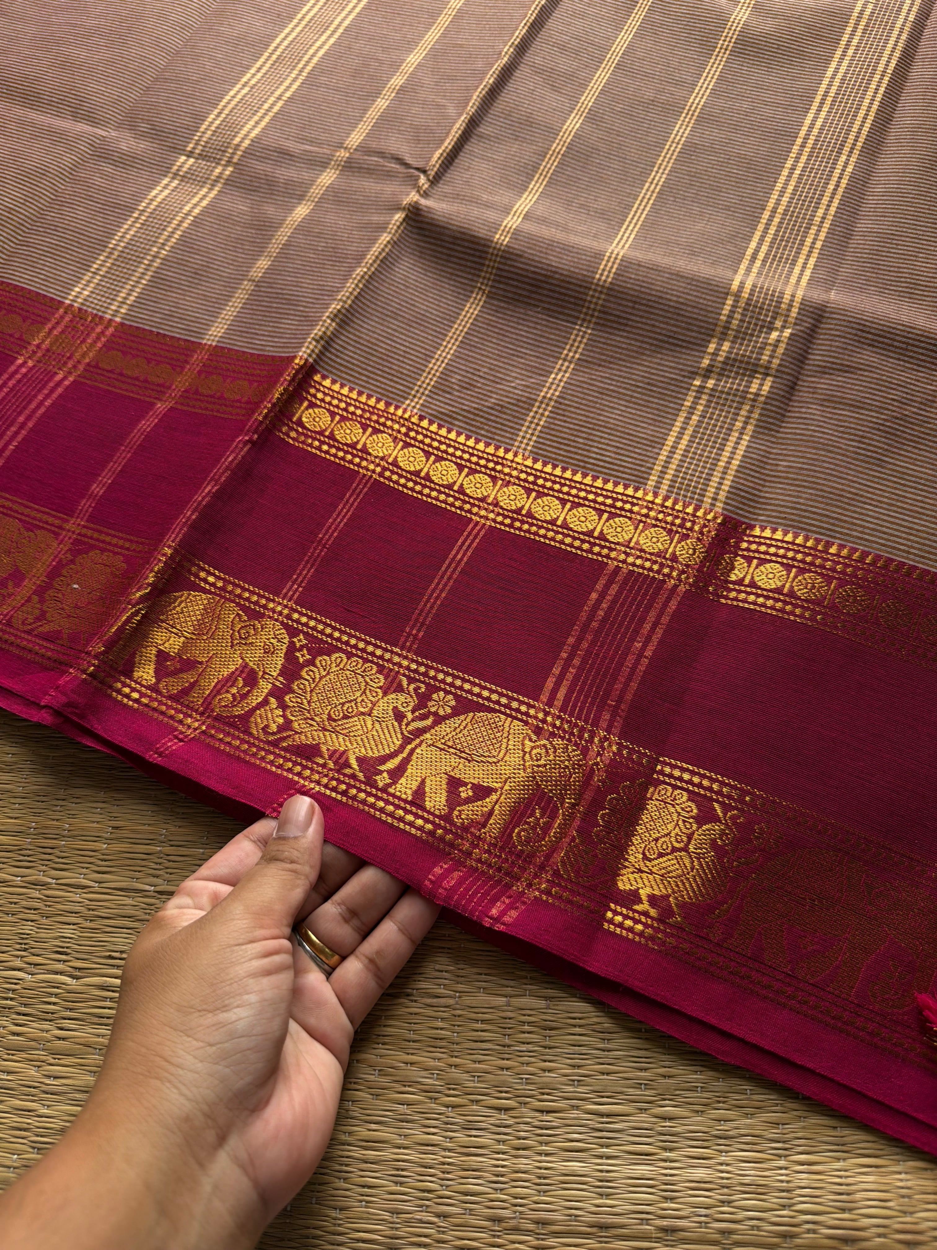 RF770 Dual tone Grey shade Kanchi cotton saree with Ganga Jamuna border and fully minute horizontal stripped lines on the body