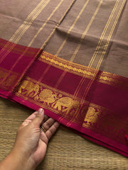 RF770 Dual tone Grey shade Kanchi cotton saree with Ganga Jamuna border and fully minute horizontal stripped lines on the body