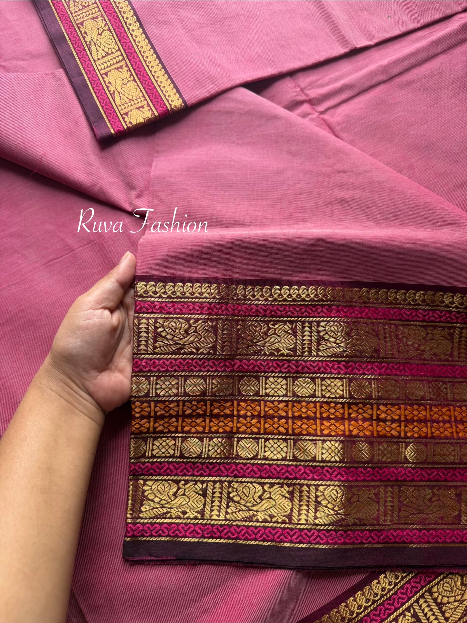 RF112 Pastel Pink Shade With Contrast Brown Varisaipet pet border Kanchi cotton saree