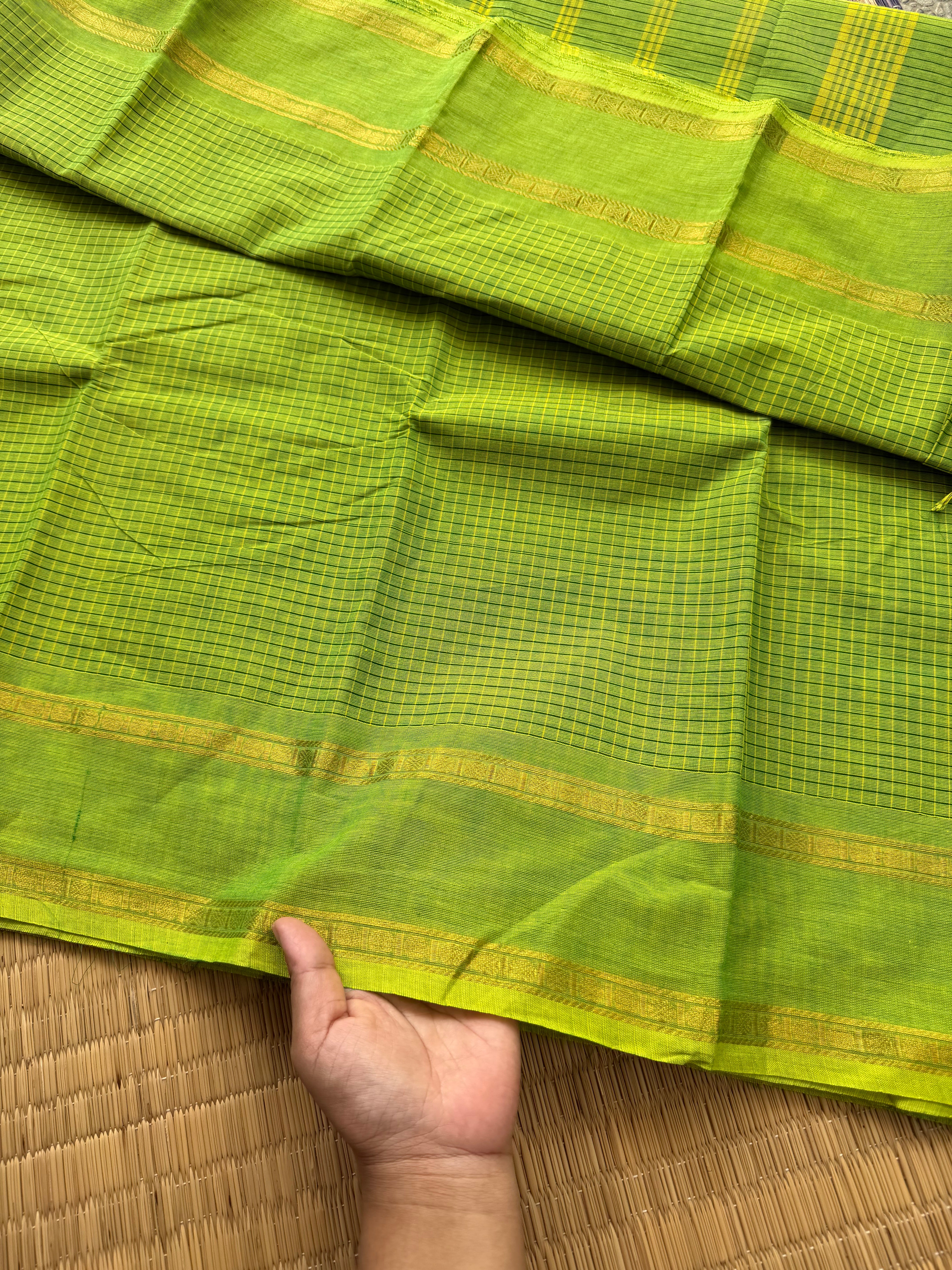 RF161 Monotone Parrot Green Shade podi Kattam / checks pattern Kanchi cotton saree