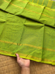 RF161 Monotone Parrot Green Shade podi Kattam / checks pattern Kanchi cotton saree