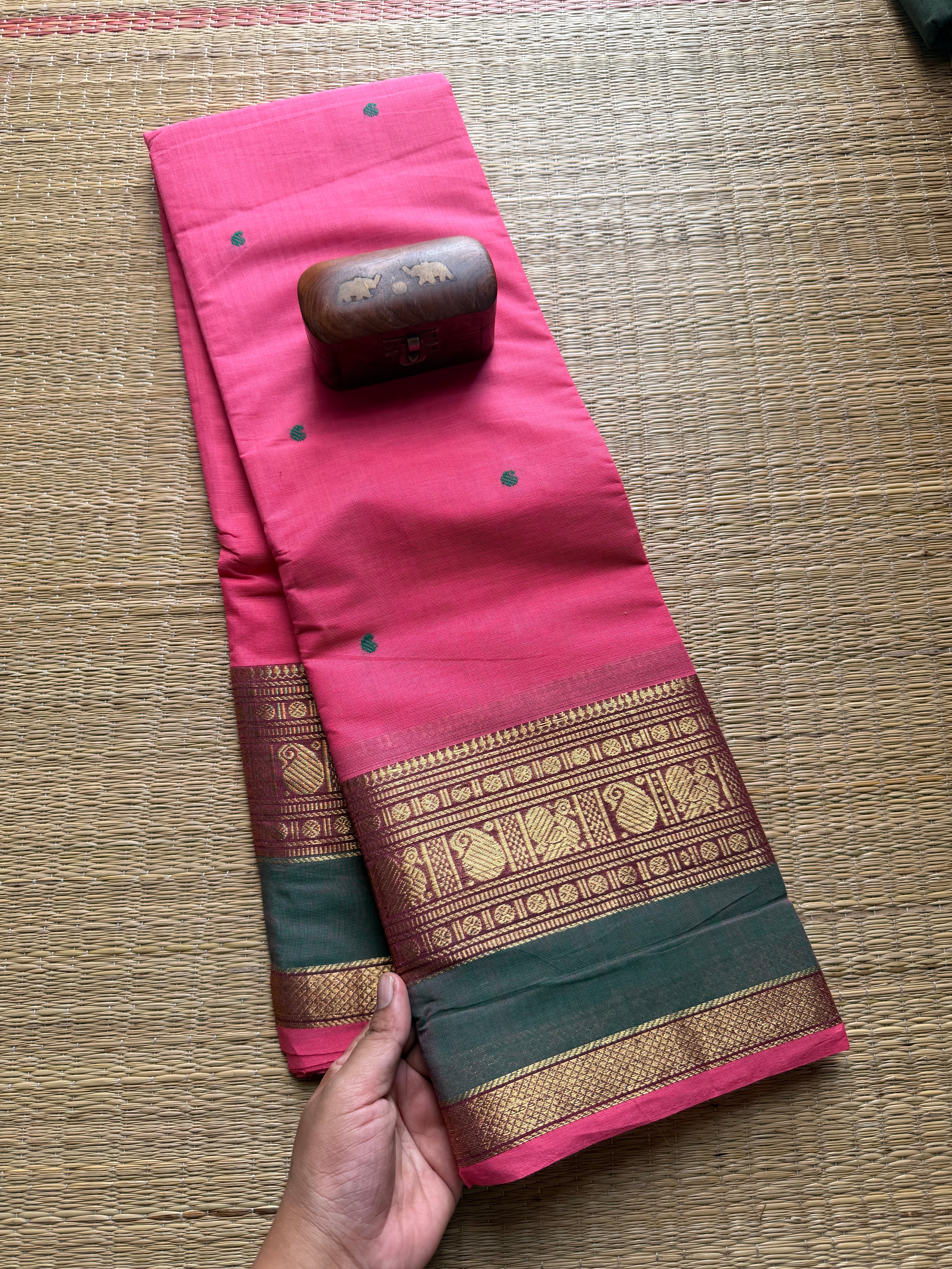 Pink Kanchi Cotton Saree With Handmade Thread Buttas