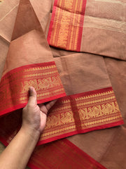 RF472 Dual tone Beige with red combination Kanchi cotton saree with Annam pattern Zari border