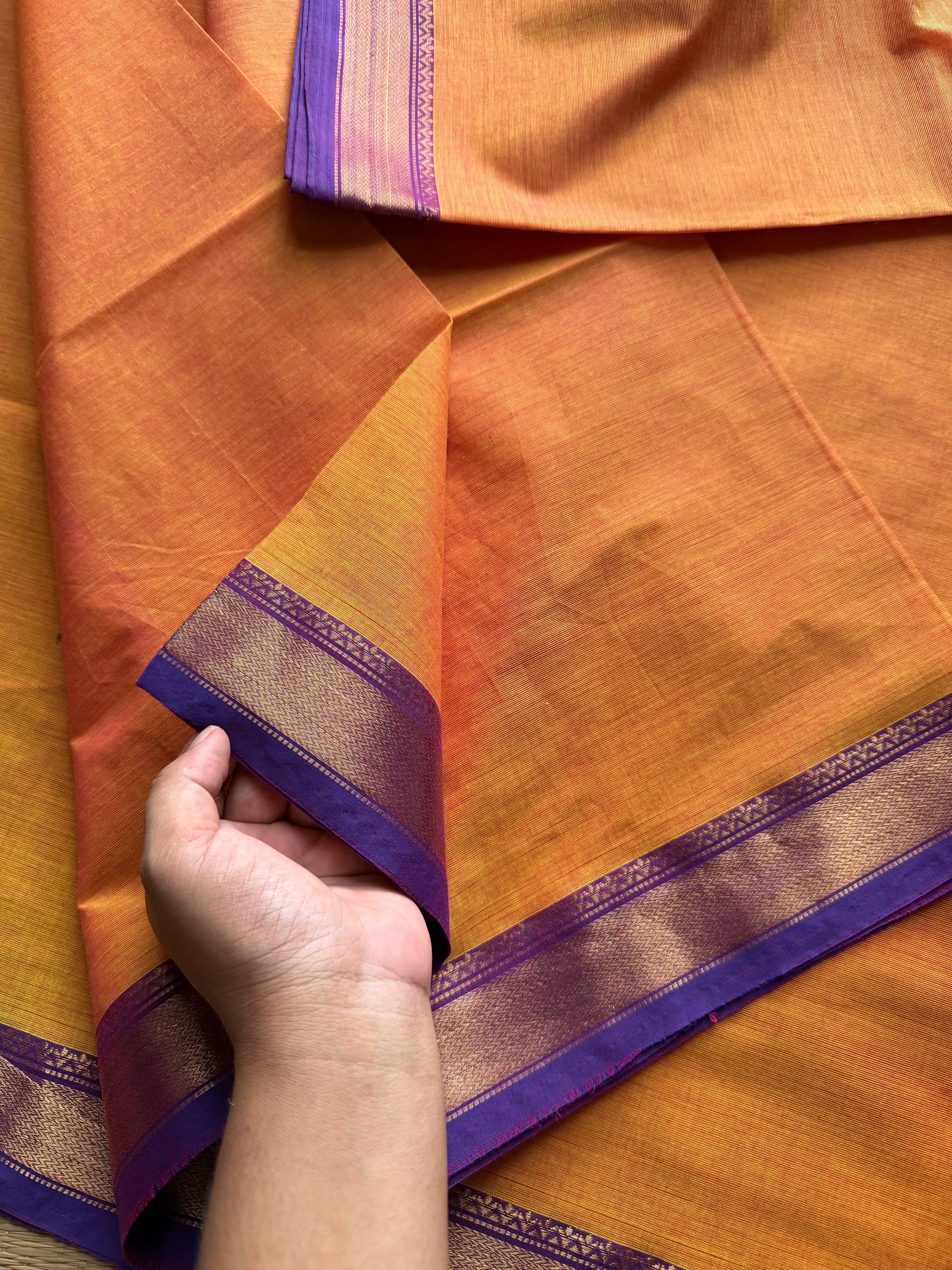 RF257 Dual tone Orange with purple combination small border Kanchi cotton saree