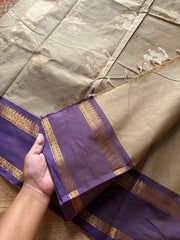 RF1376 Premium 120 count Rich Pallu Kanchi cotton saree with traditional gap border & yazhi pattern buttas ~ Beige shade