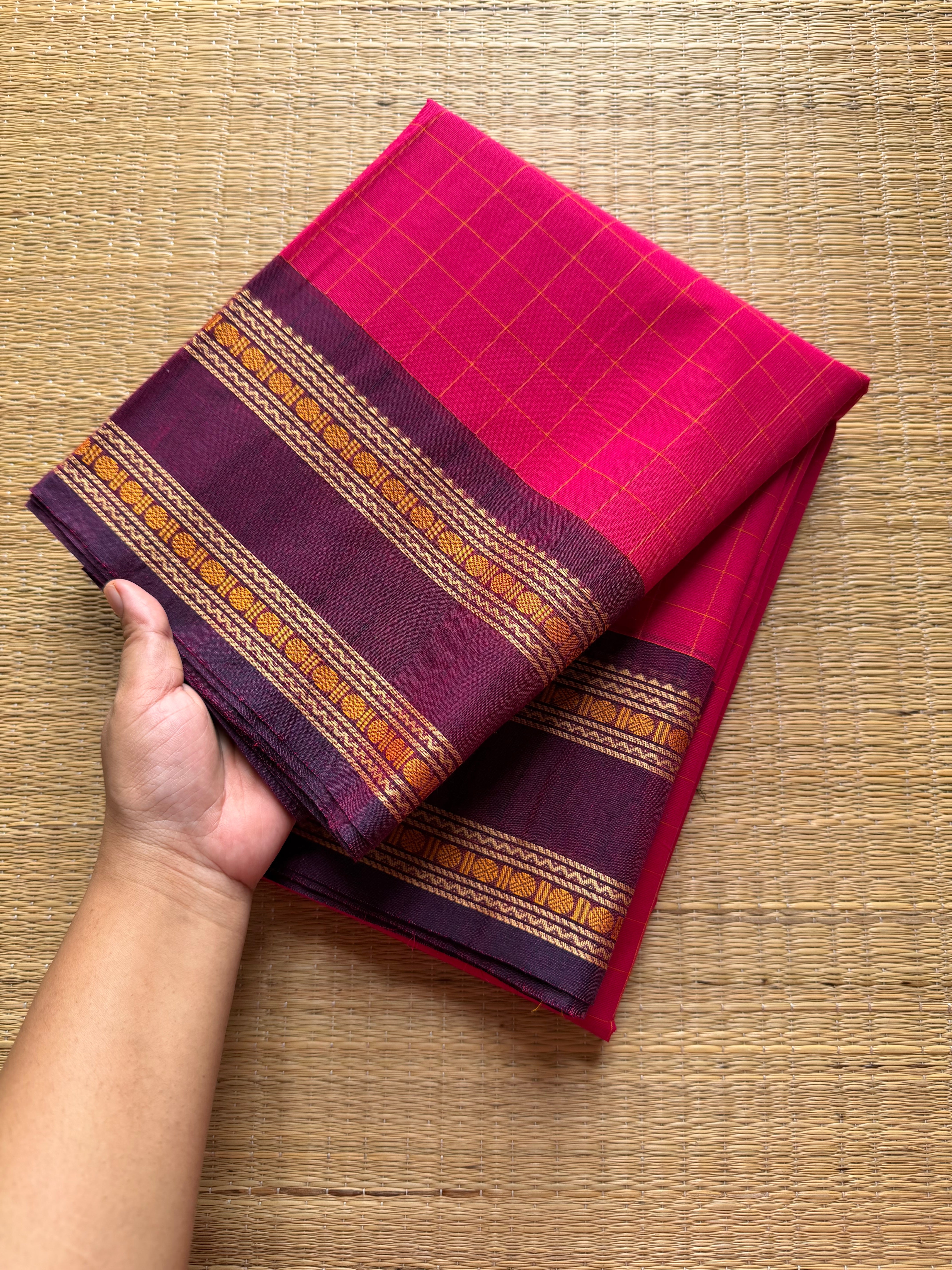 RF461 Rani Pink shade Soft Kanchi cotton Kattam / checks pattern saree with contrast purple combination thread border