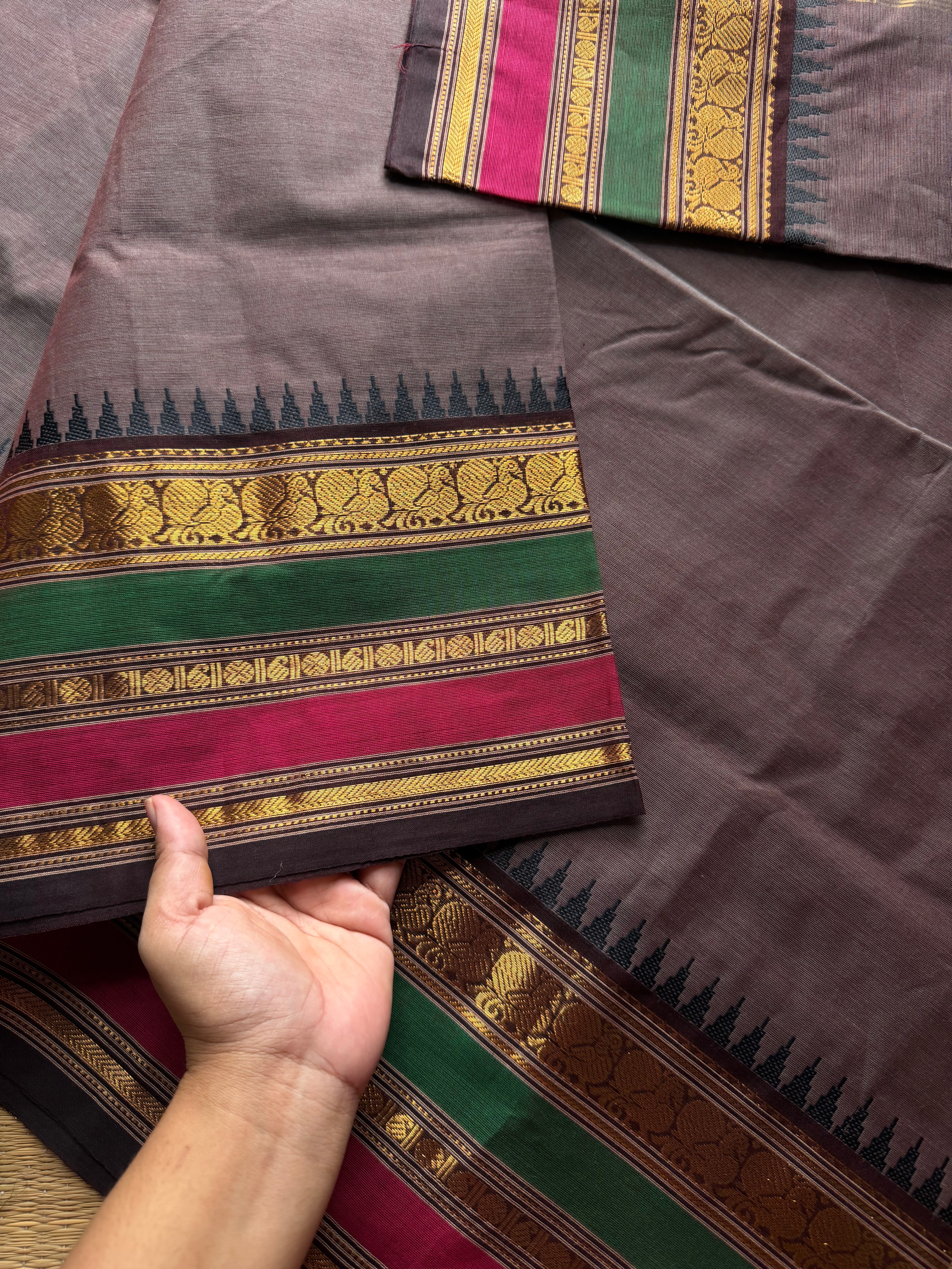 Grey shade Kanchi cotton saree with silk saree inspired Varisaipet Border