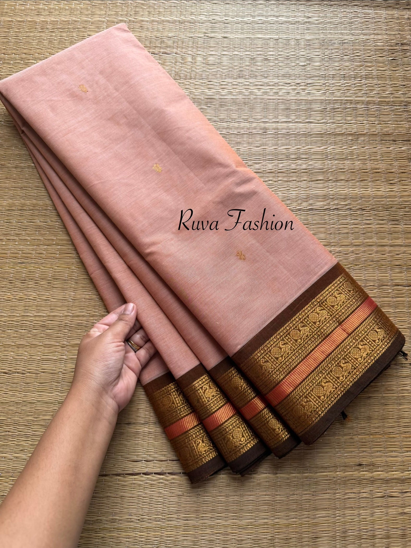 Cream& Golden mixed shade combination with contrast brown Zari border Kanchi cotton saree with handmade golden Zari Buttas