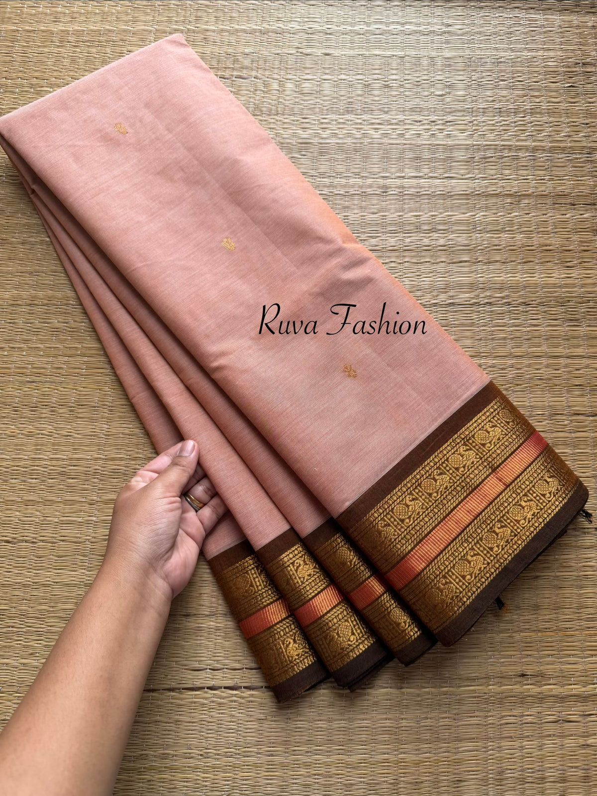 Cream& Golden mixed shade combination with contrast brown Zari border Kanchi cotton saree with handmade golden Zari Buttas