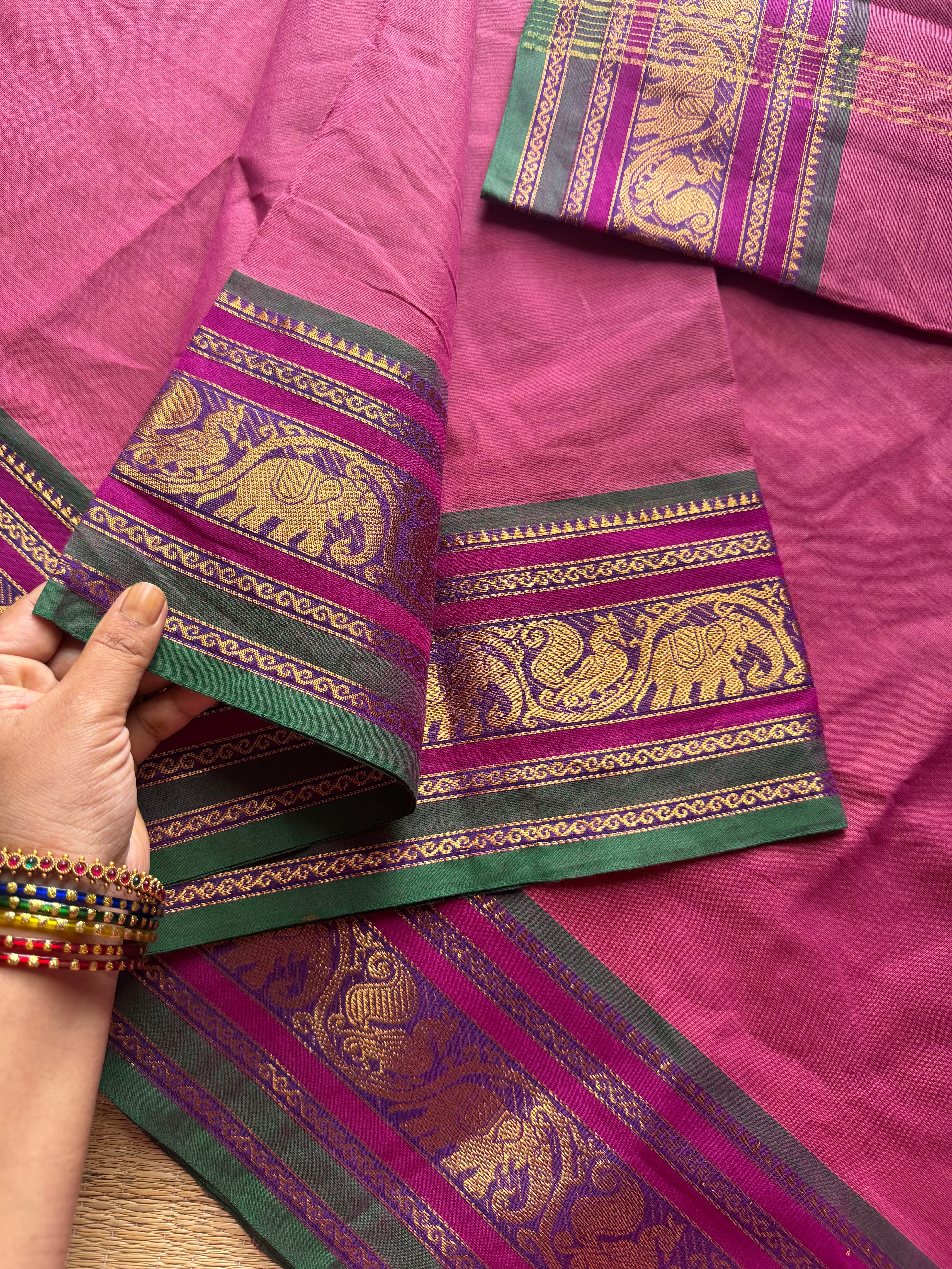 RF590 Silk saree inspired Kanchi cotton saree with Annam and elephant pattern ~ Pink Shade