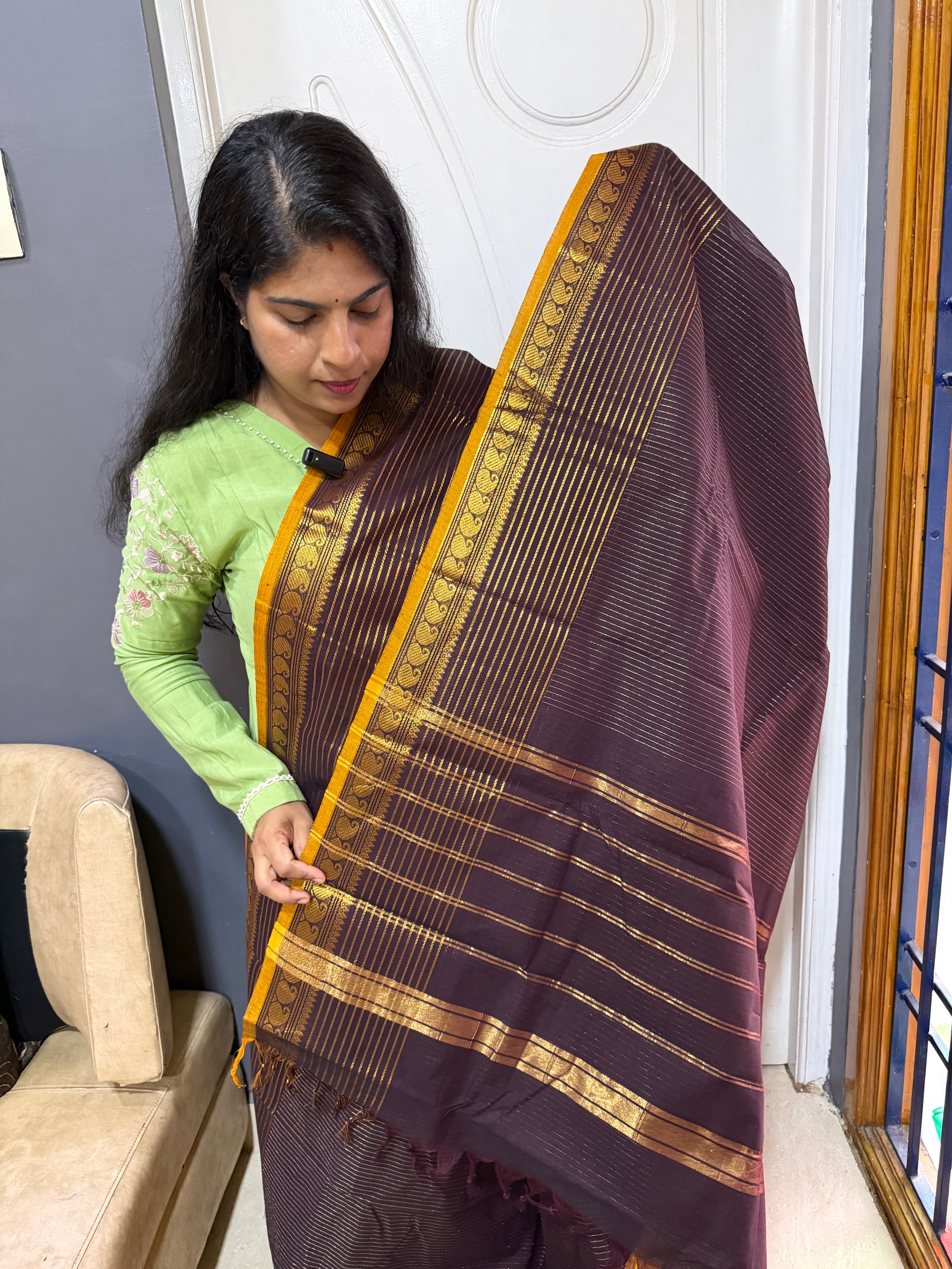 RF1232 Coffee brown ~ Vairaoosi pattern Kanchi cotton saree with small contrast mango Zari border