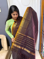 RF1232 Coffee brown ~ Vairaoosi pattern Kanchi cotton saree with small contrast mango Zari border