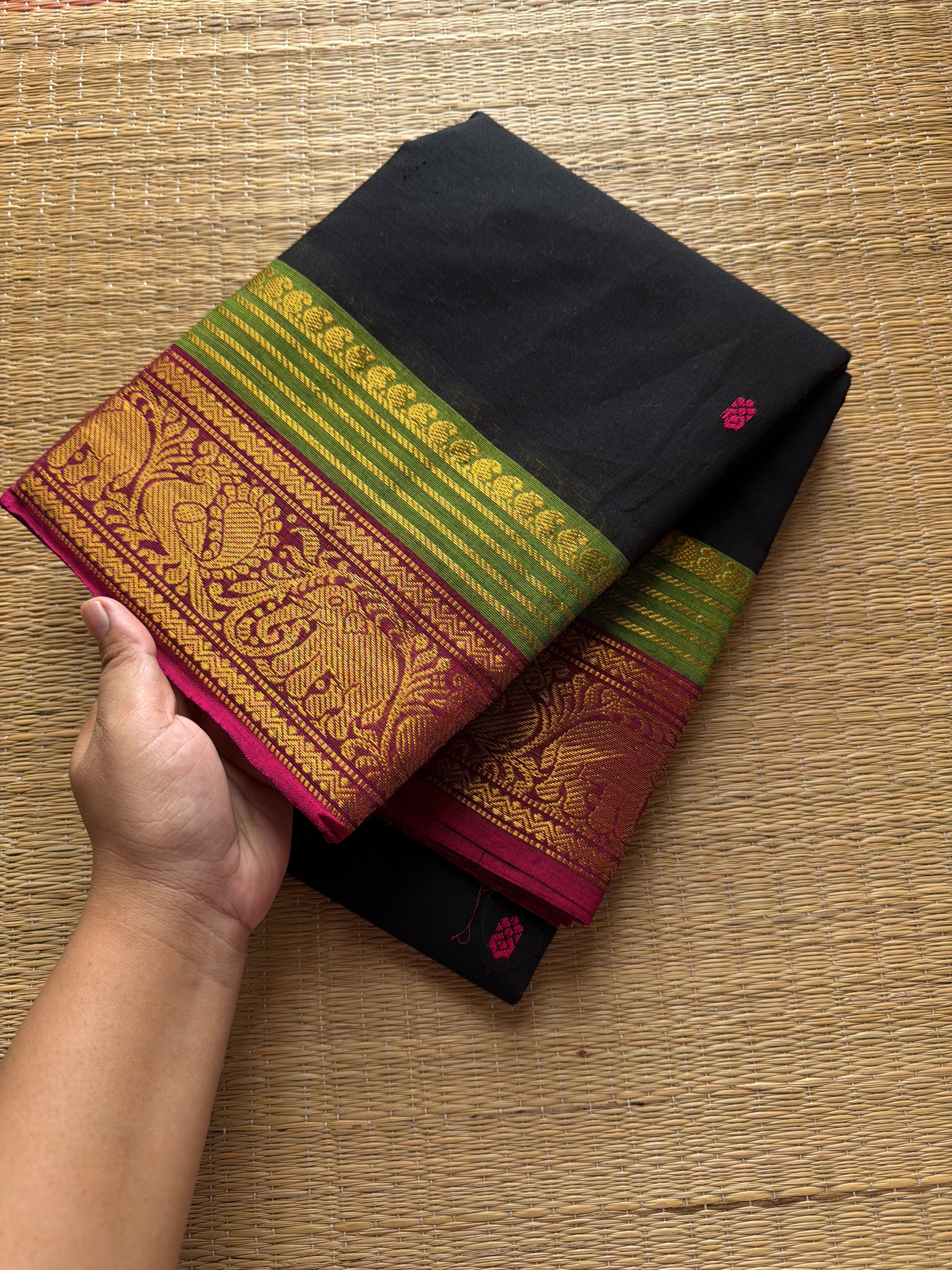 RF494 Black Kanchi Cotton Saree With Contrast Green & Pink combination Annam and elephant pattern border & handmade thread buttas