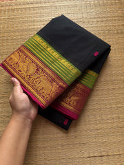 RF494 Black Kanchi Cotton Saree With Contrast Green & Pink combination Annam and elephant pattern border & handmade thread buttas