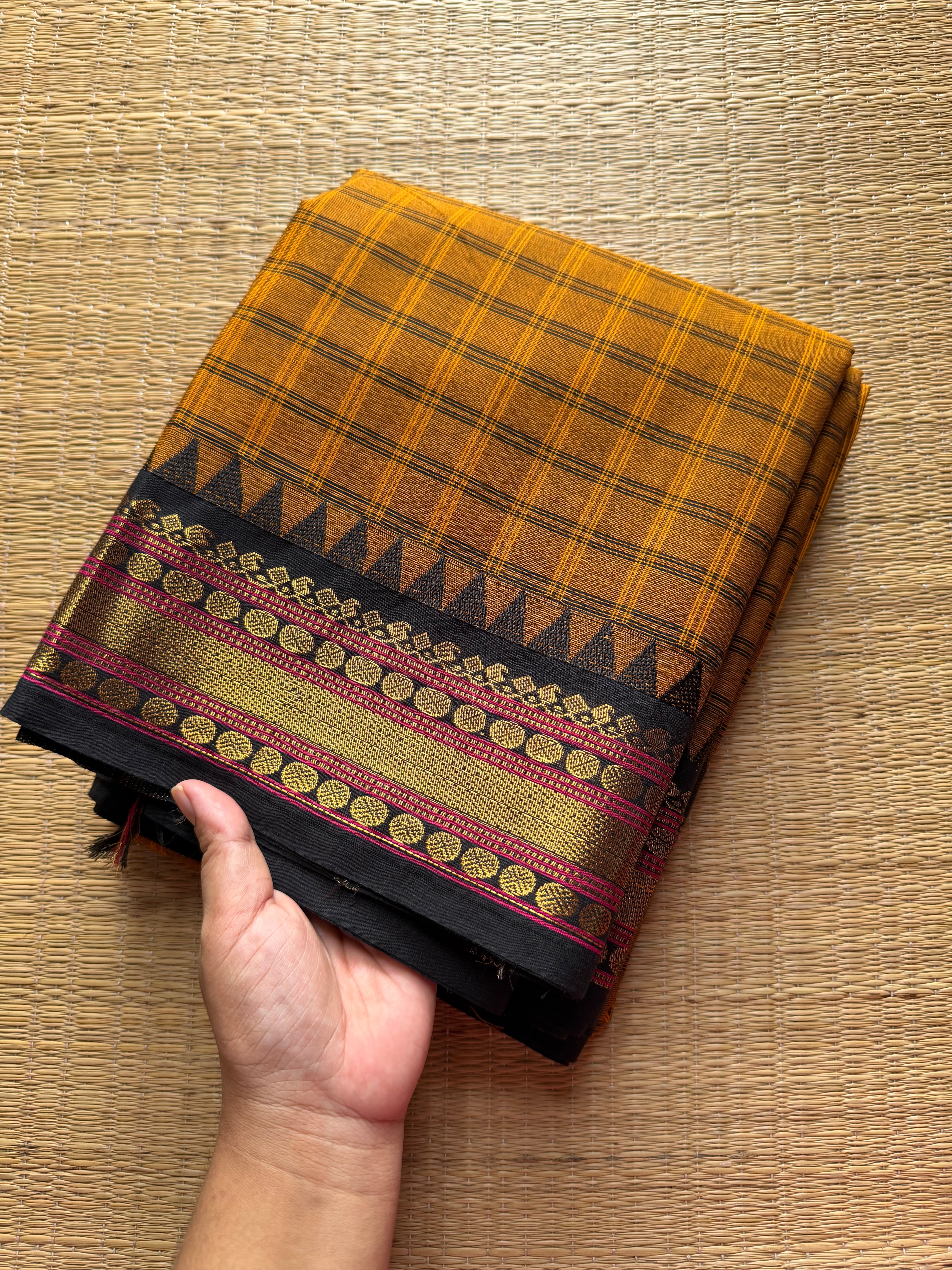RF367 Mustard with black combination Kattam / checks pattern Kanchi cotton saree