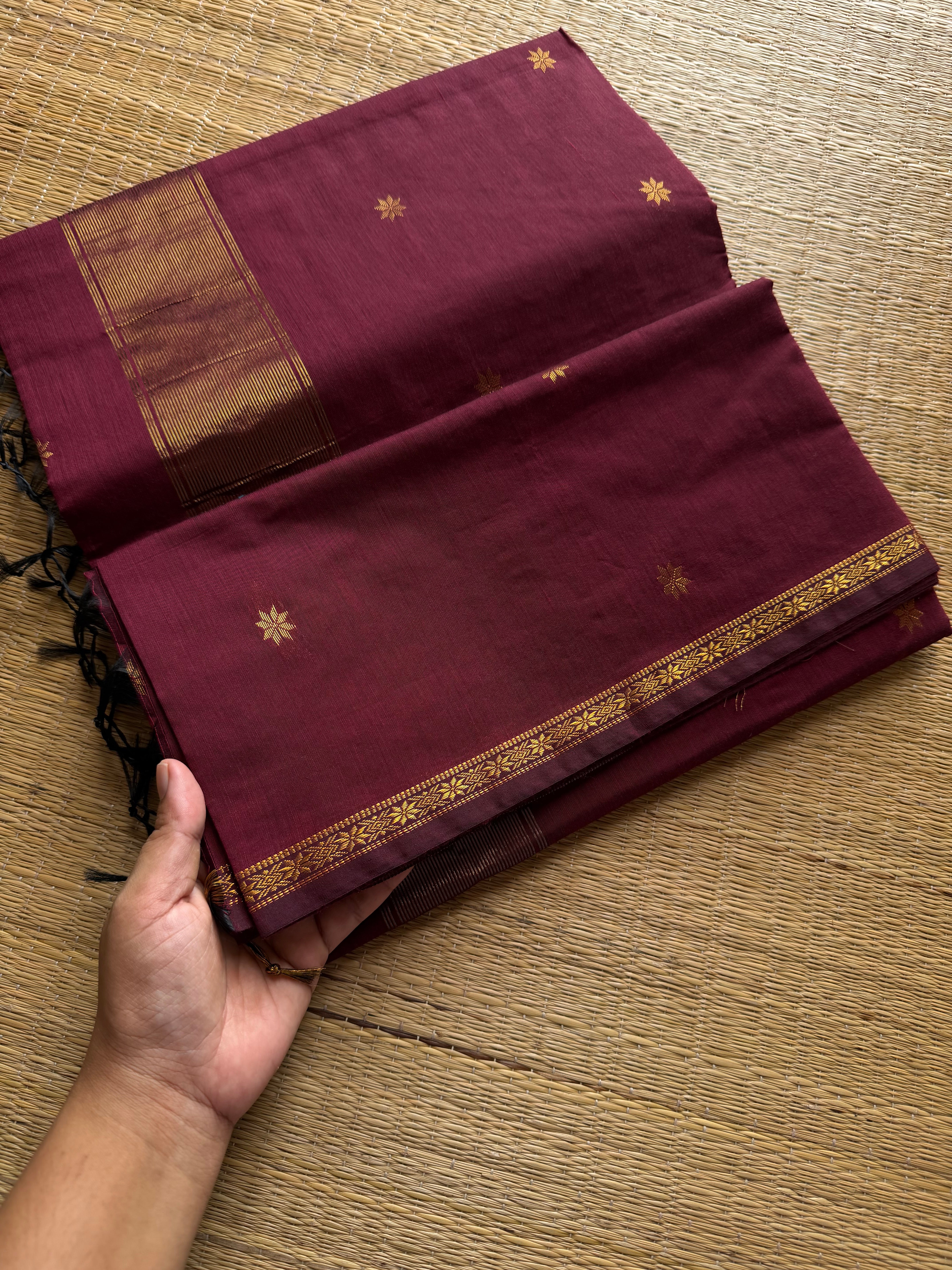 RF573 Monotone reddish marron Maheshwari semi silk cotton saree