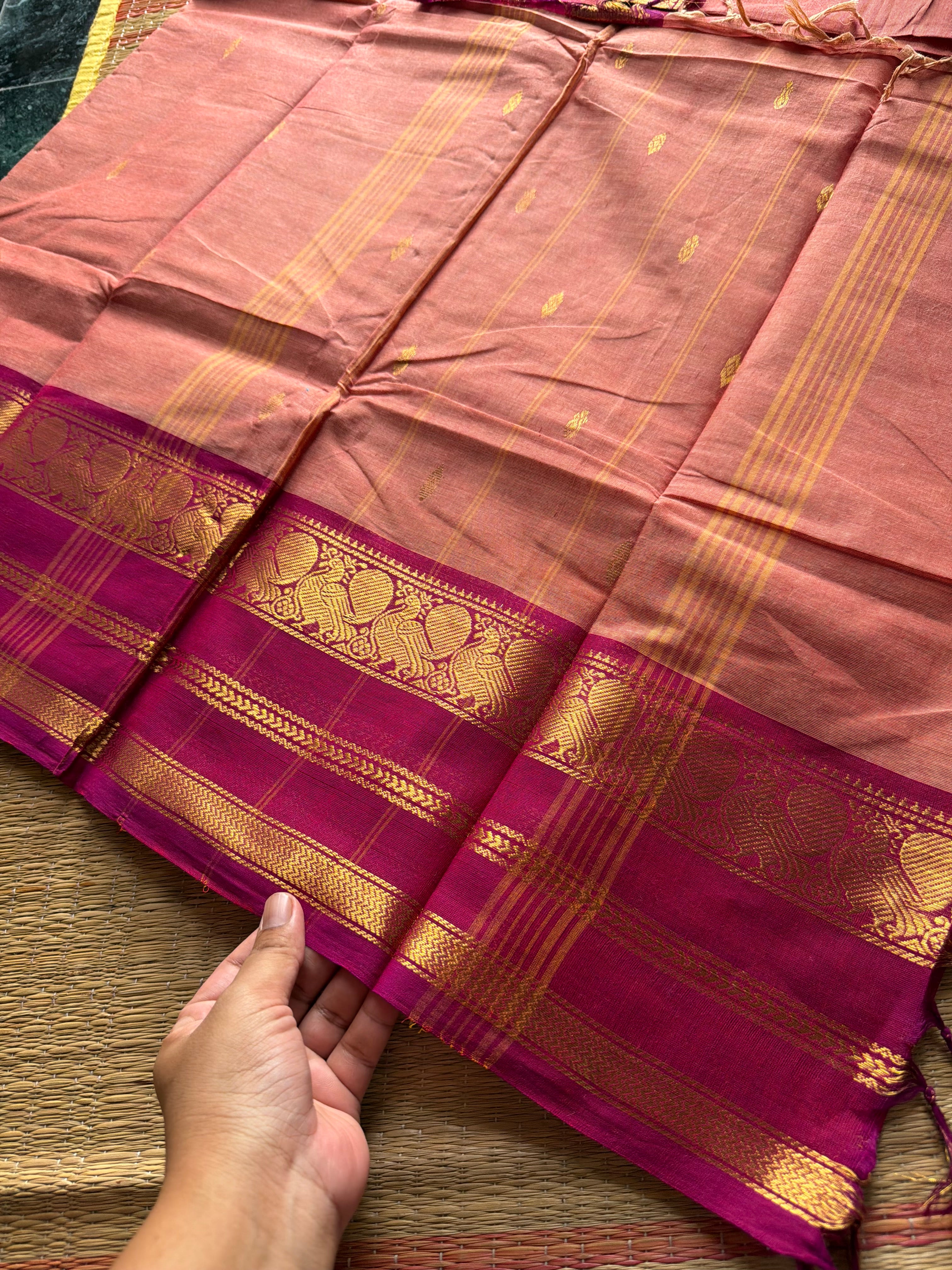 RF420 Light baby pink with dark pink combination Kanchi cotton saree with handmade Buttas