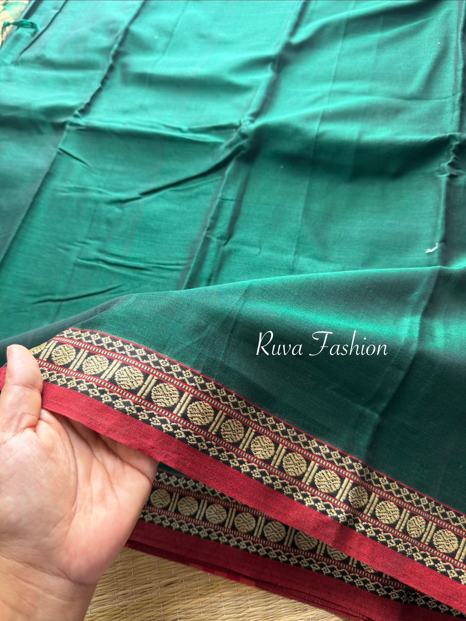RF98 Bottle Green Shade Mercerised Narayanpet Cotton Saree With Small Contrast Border