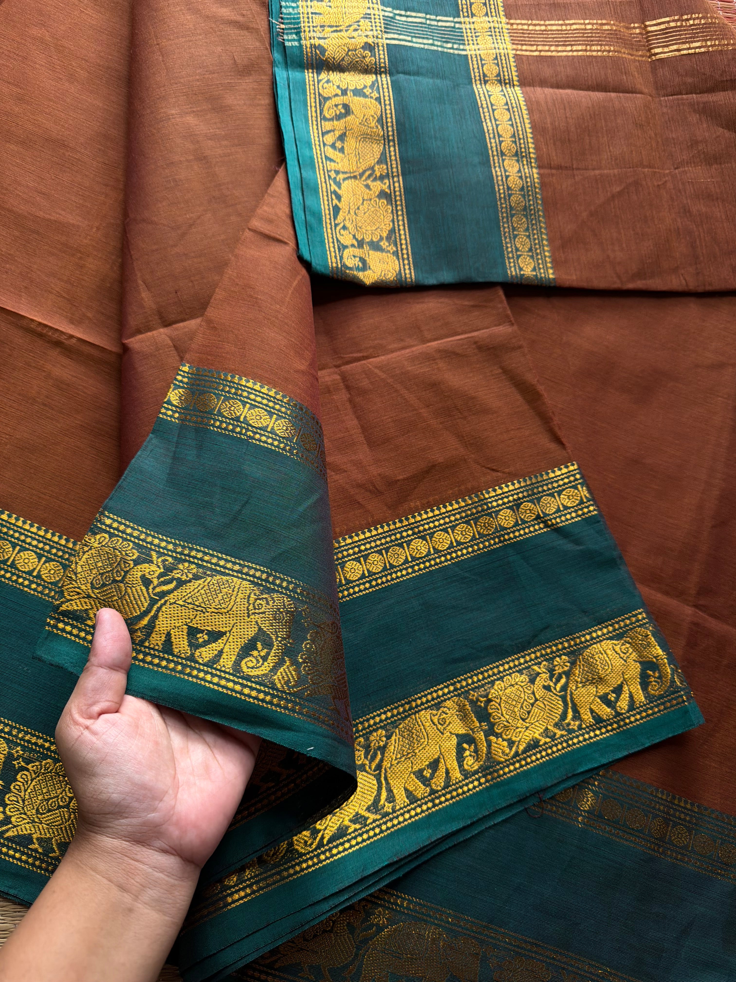 RF414 Rustic Honey Shade With Contrast Teal Green Shade Kanchi Cotton Saree with silk saree inspired Annam and elephant pattern Gap Border