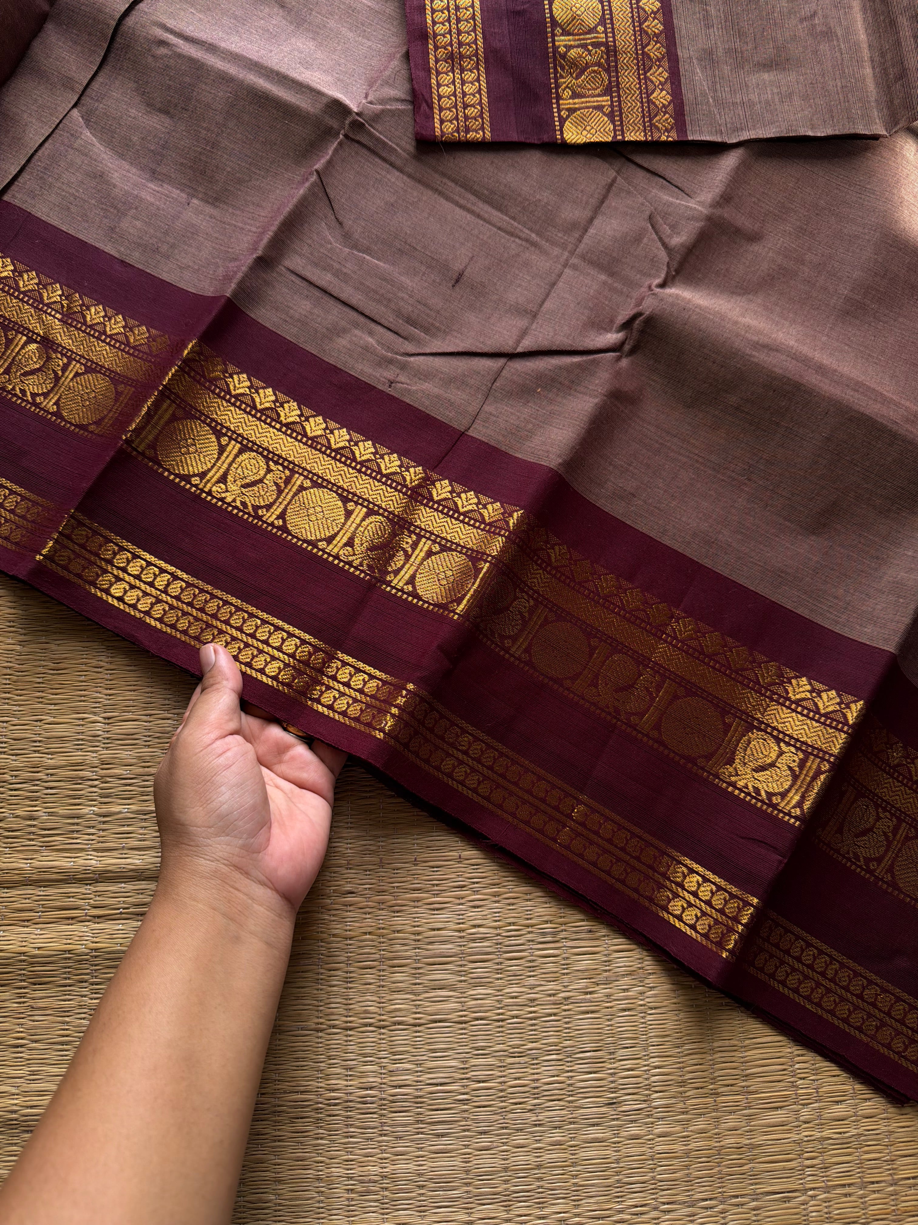 RF1119 Biscuit with maroon Kanchi cotton saree with gap border