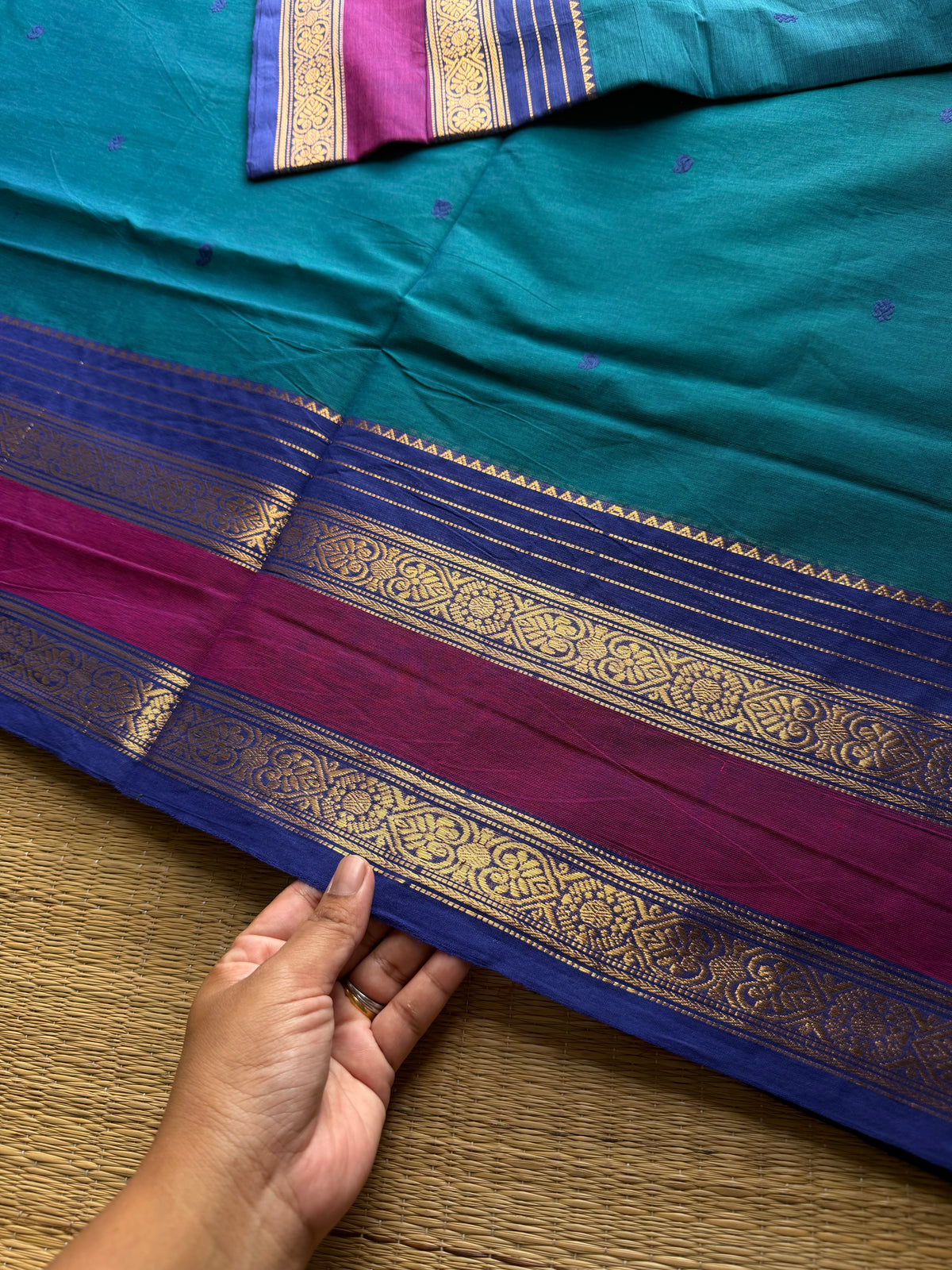 RF917 Peacock blue ~ Kanchi cotton saree with handmade thread buttas