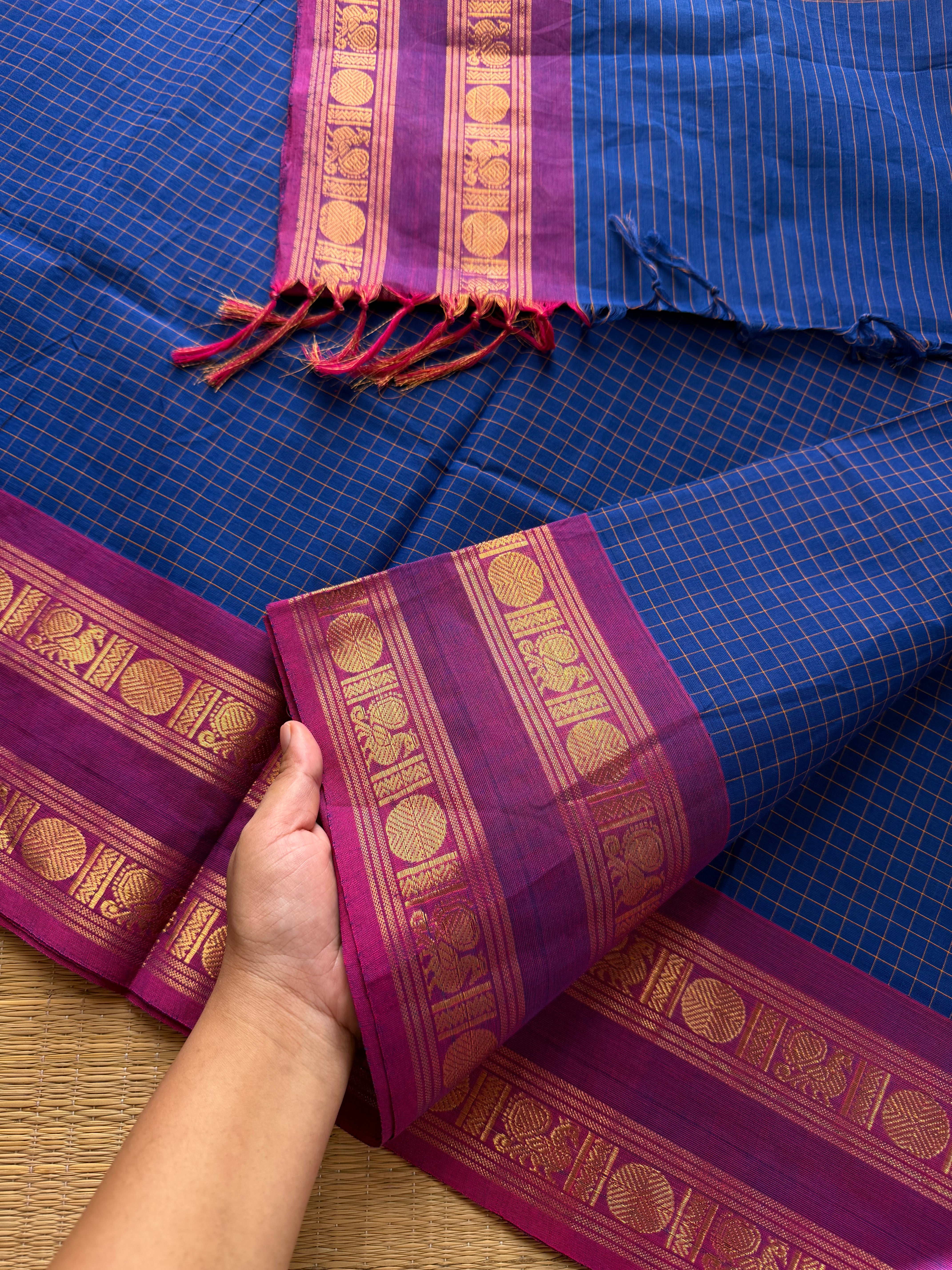 RF436 Royal Blue Shade Kanchi Kattam / Checks Pattern Saree with contrast  magenta pink border