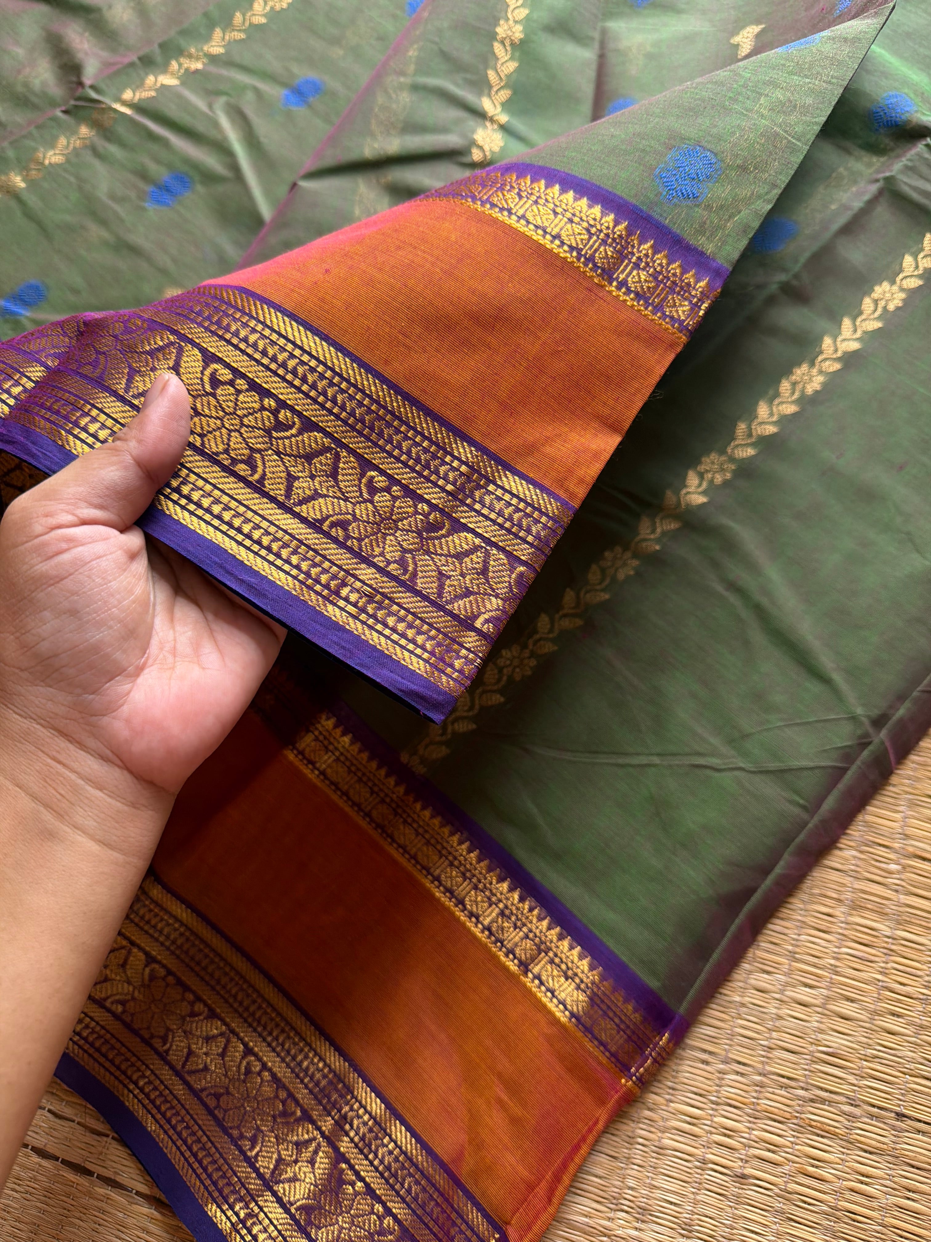 RF1354 Rich Pallu Kanchi Cotton Saree ~ Dual tone green gram shade