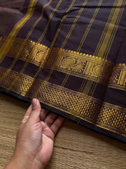 RF876 Deep Coffee Brown ~ Premium Vintage Border Monotone Kanchi cotton saree with Korvai Vaira Oosi thread vertical lines pattern