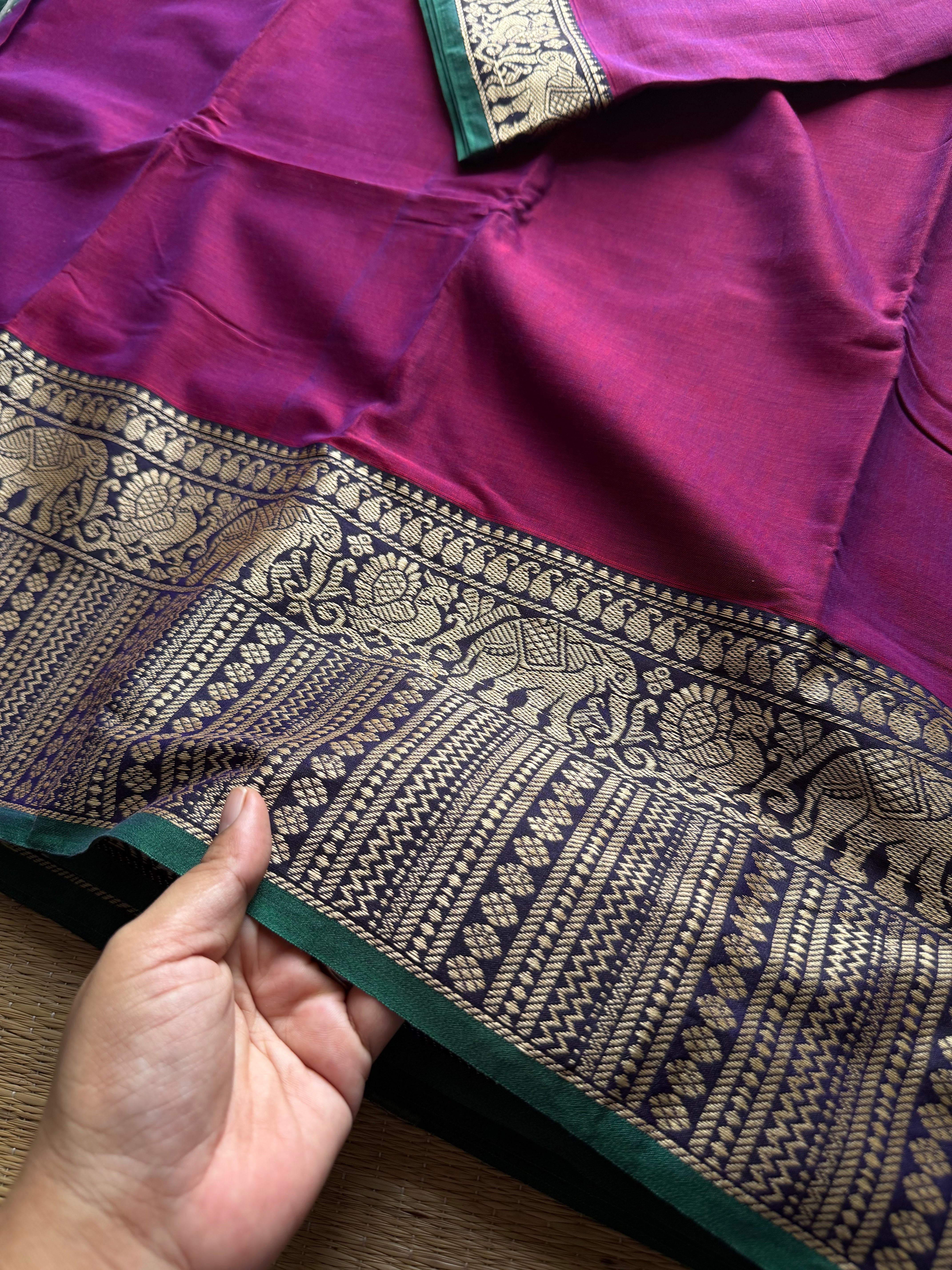 RF1434 Magenta pink ~ Mercerised Narayanpet big thread border soft cotton saree