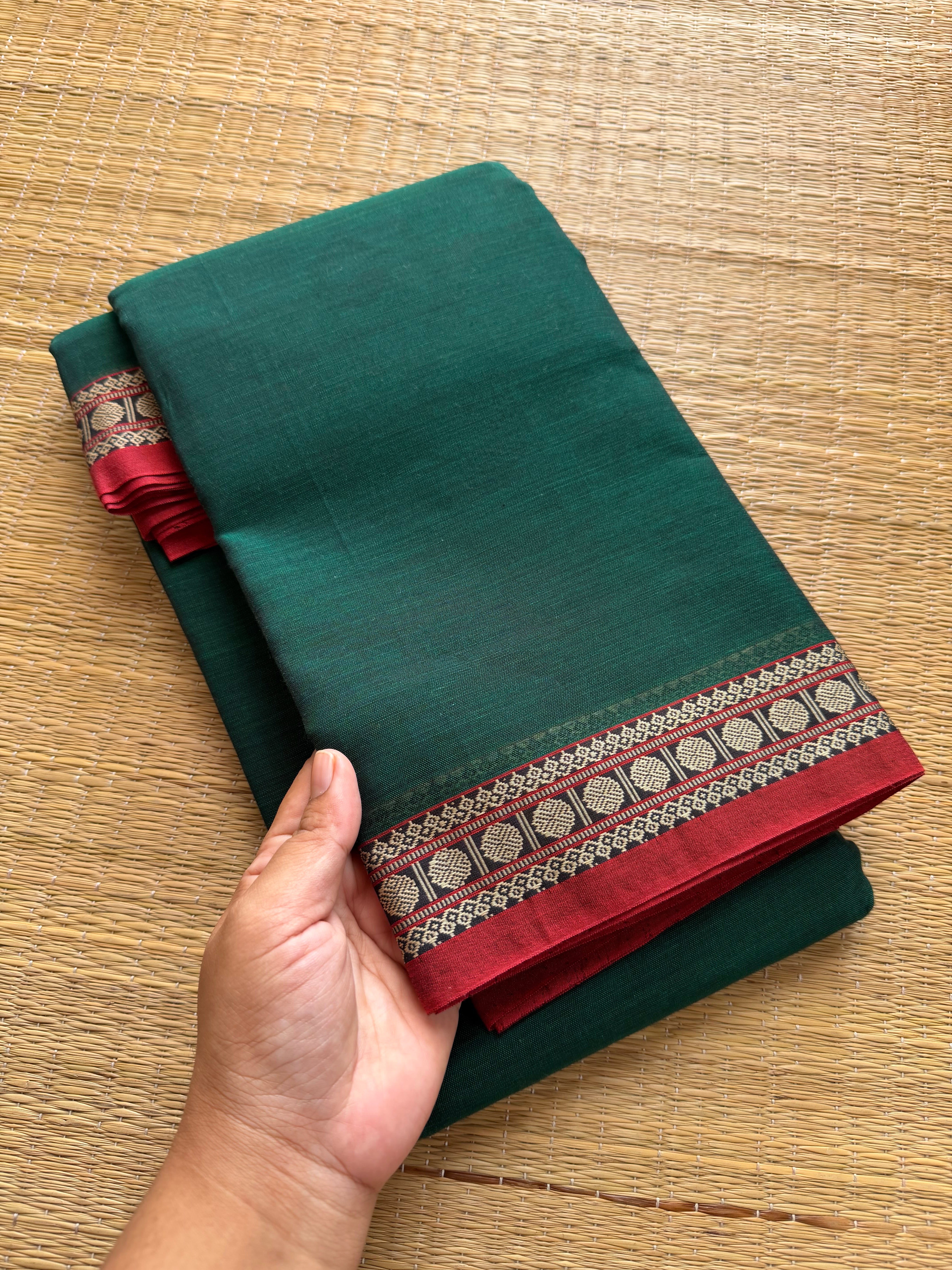 RF225 Green Narayanpet Mercerised cotton saree with small contrast border