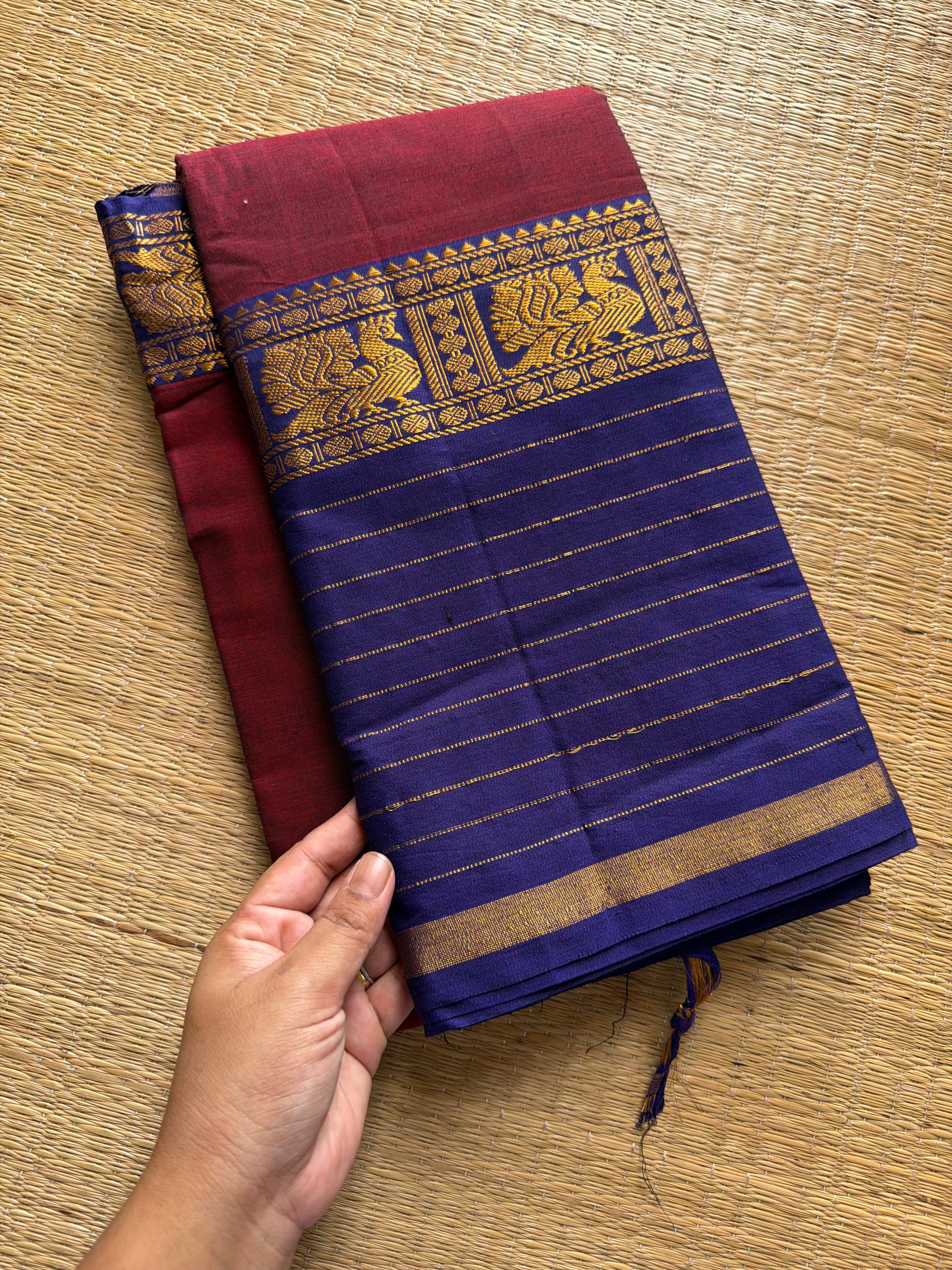 RF619 Dark reddish pink shade with blue combination Narayanpet long / big border cotton saree