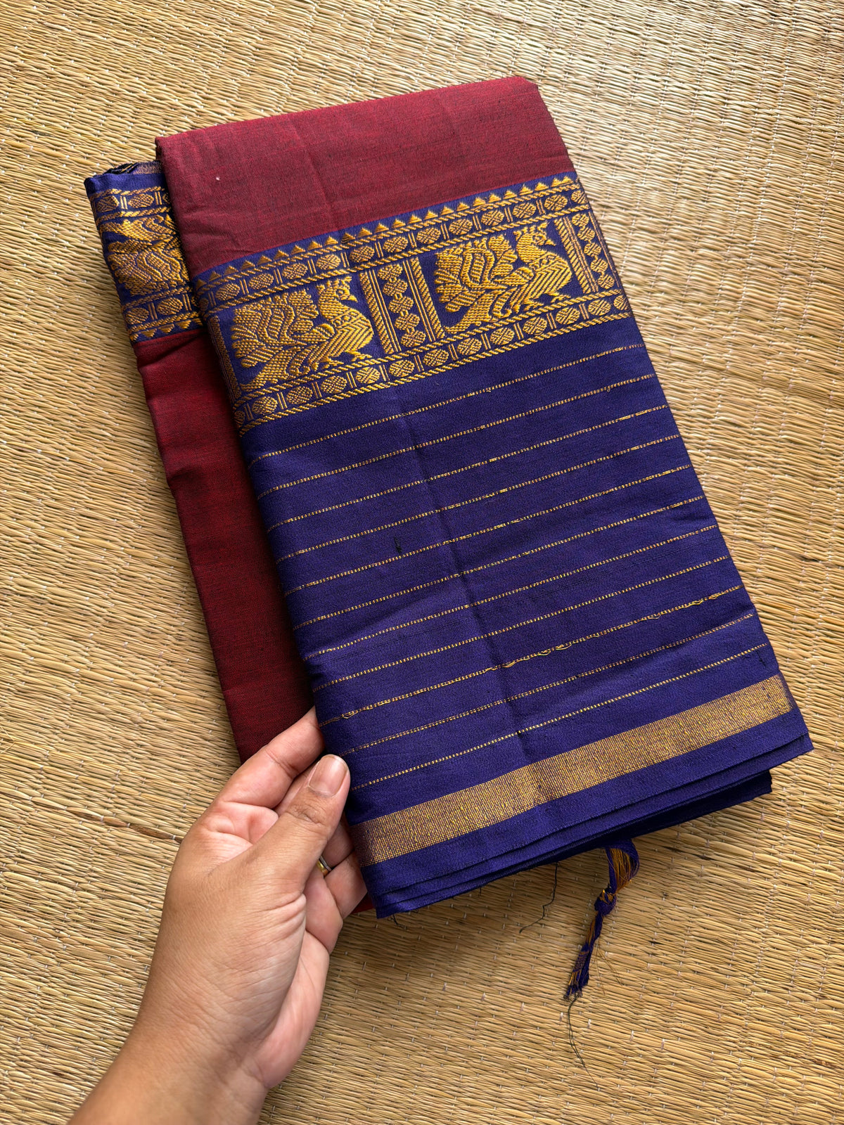RF619 Dark reddish pink shade with blue combination Narayanpet long / big border cotton saree