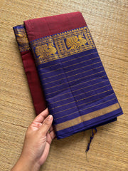 RF619 Dark reddish pink shade with blue combination Narayanpet long / big border cotton saree