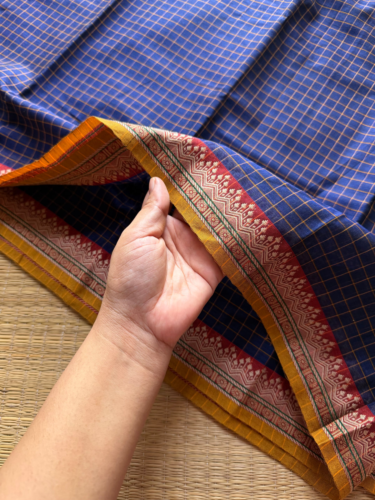 RF524 Dark Navy Blue Shade Mercerised Narayanpet cotton saree with contrast small border and checks / kattam pattern