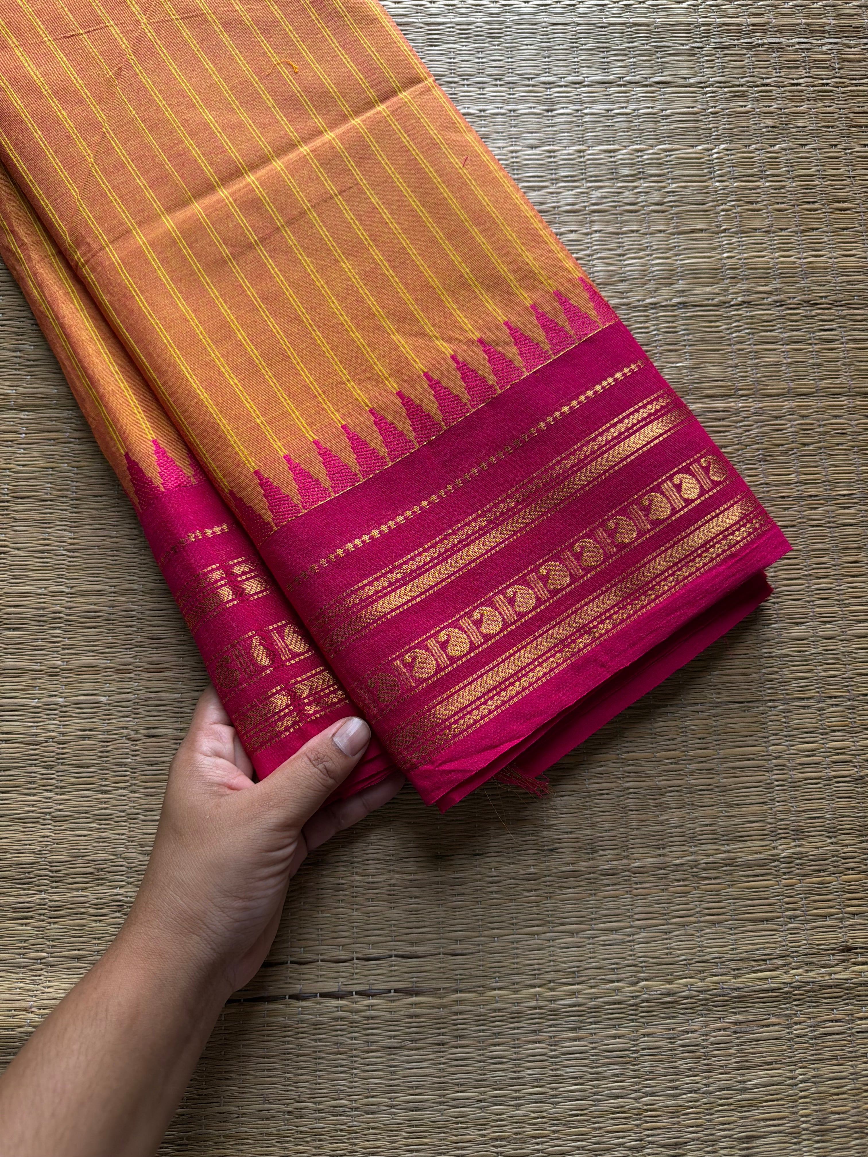RF755 Mango shade Kanchi cotton saree with vertical stripped pattern & mango Zari border
