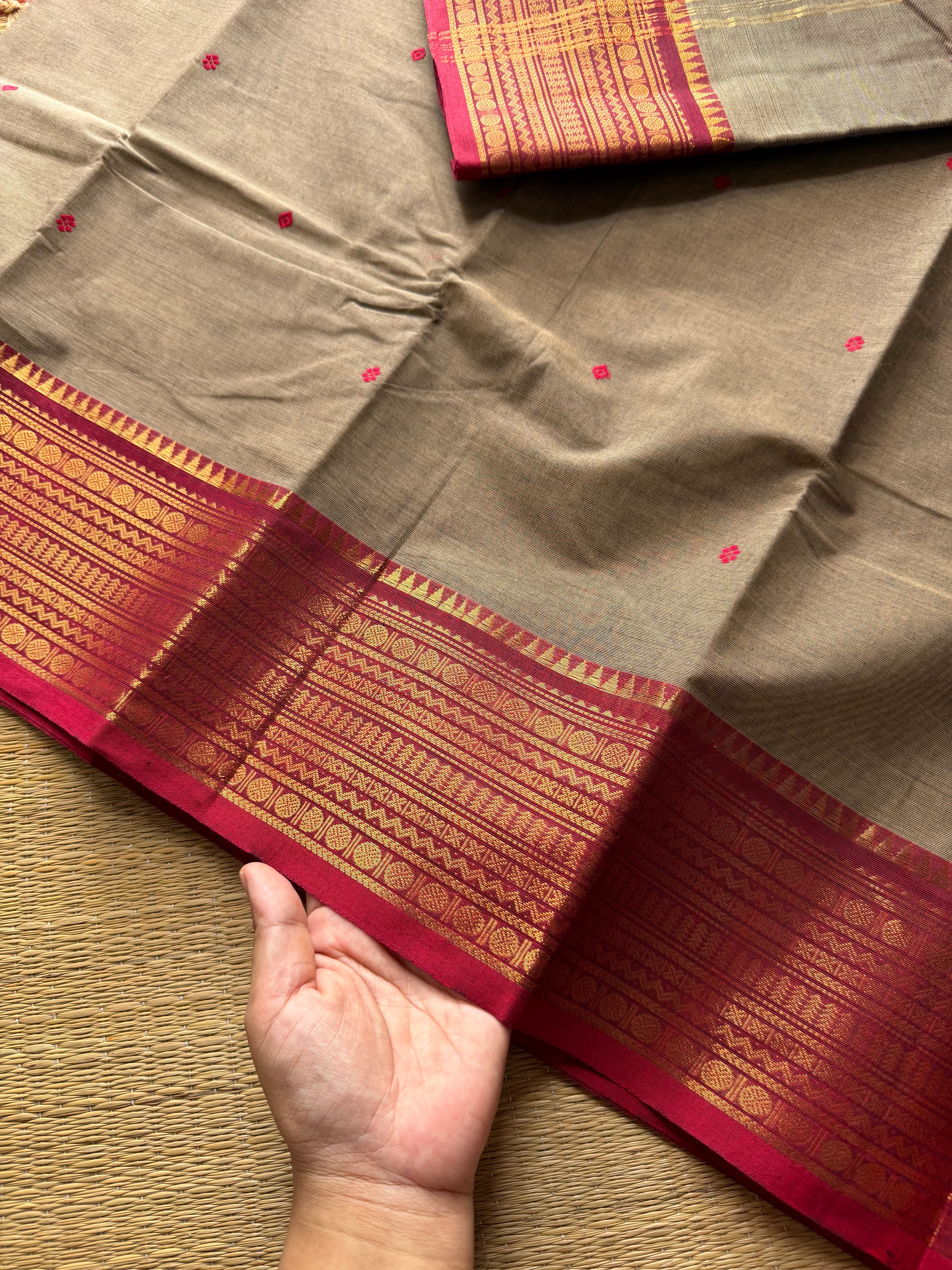 RF504 Grey with maroon combination Kanchi cotton saree with handmade thread buttas