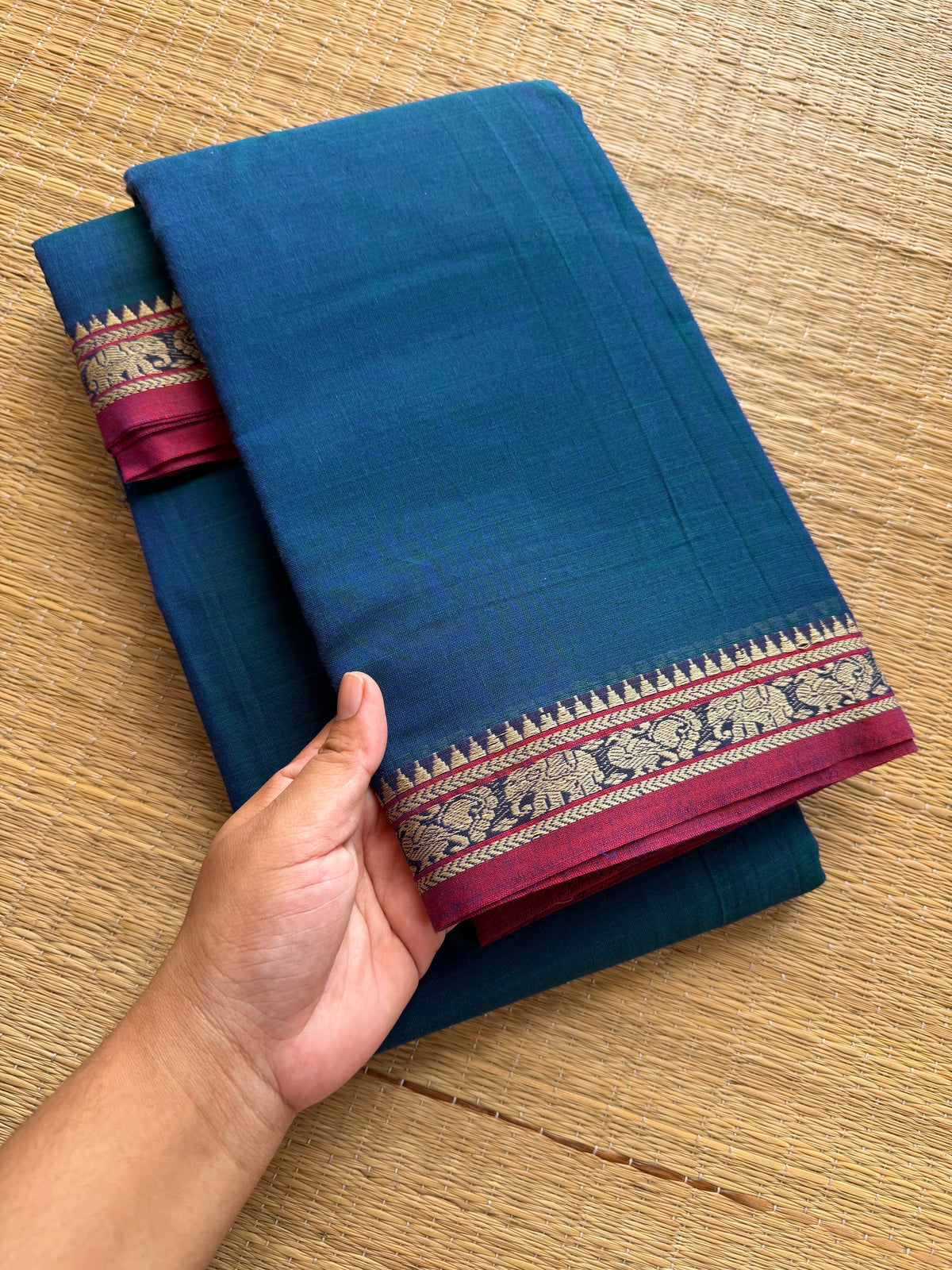 RF230 Peacock blue shade Narayanpet cotton saree with small contrast border