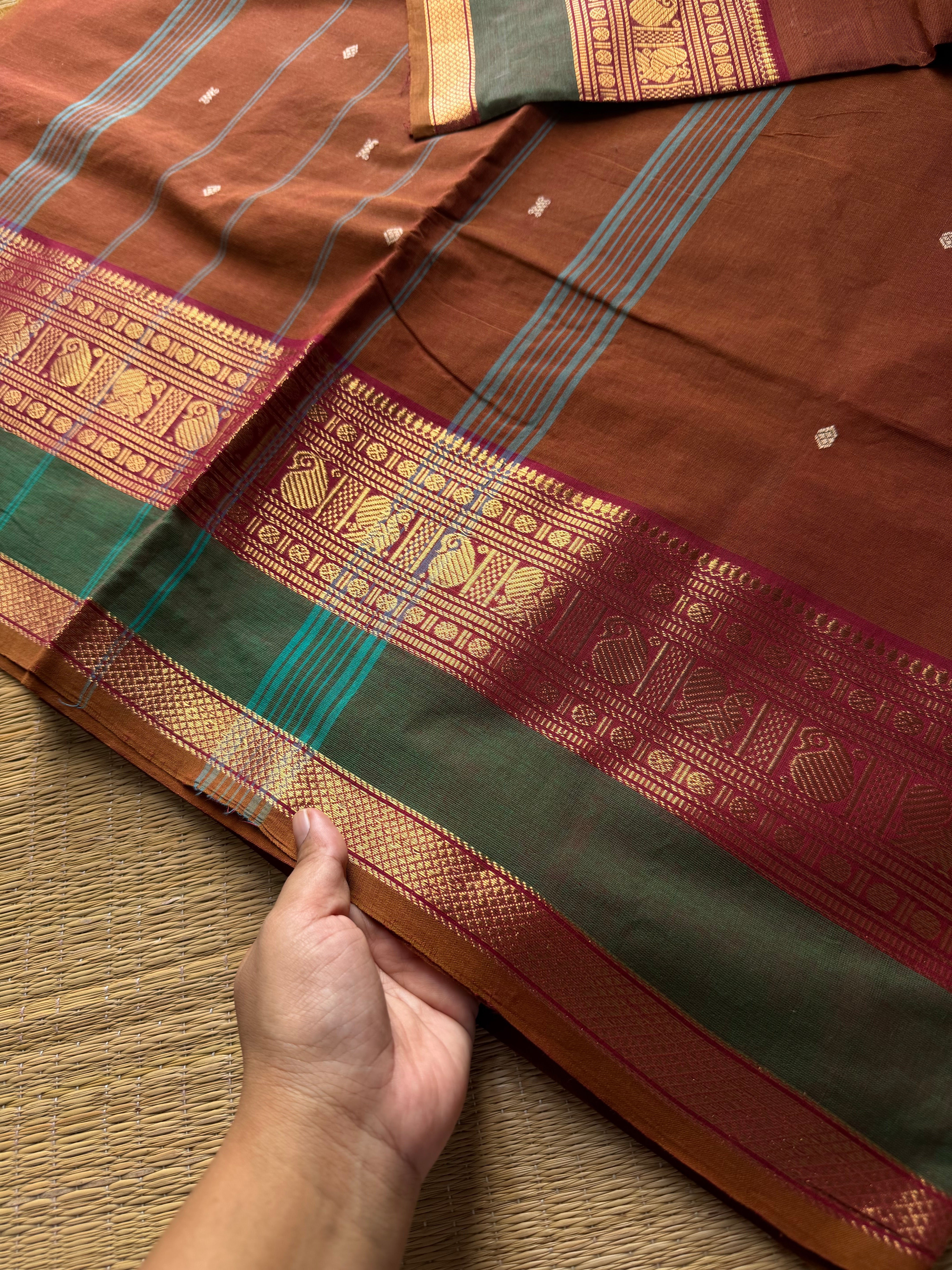 RF817 Honey shade Kanchi cotton saree with handmade thread buttas