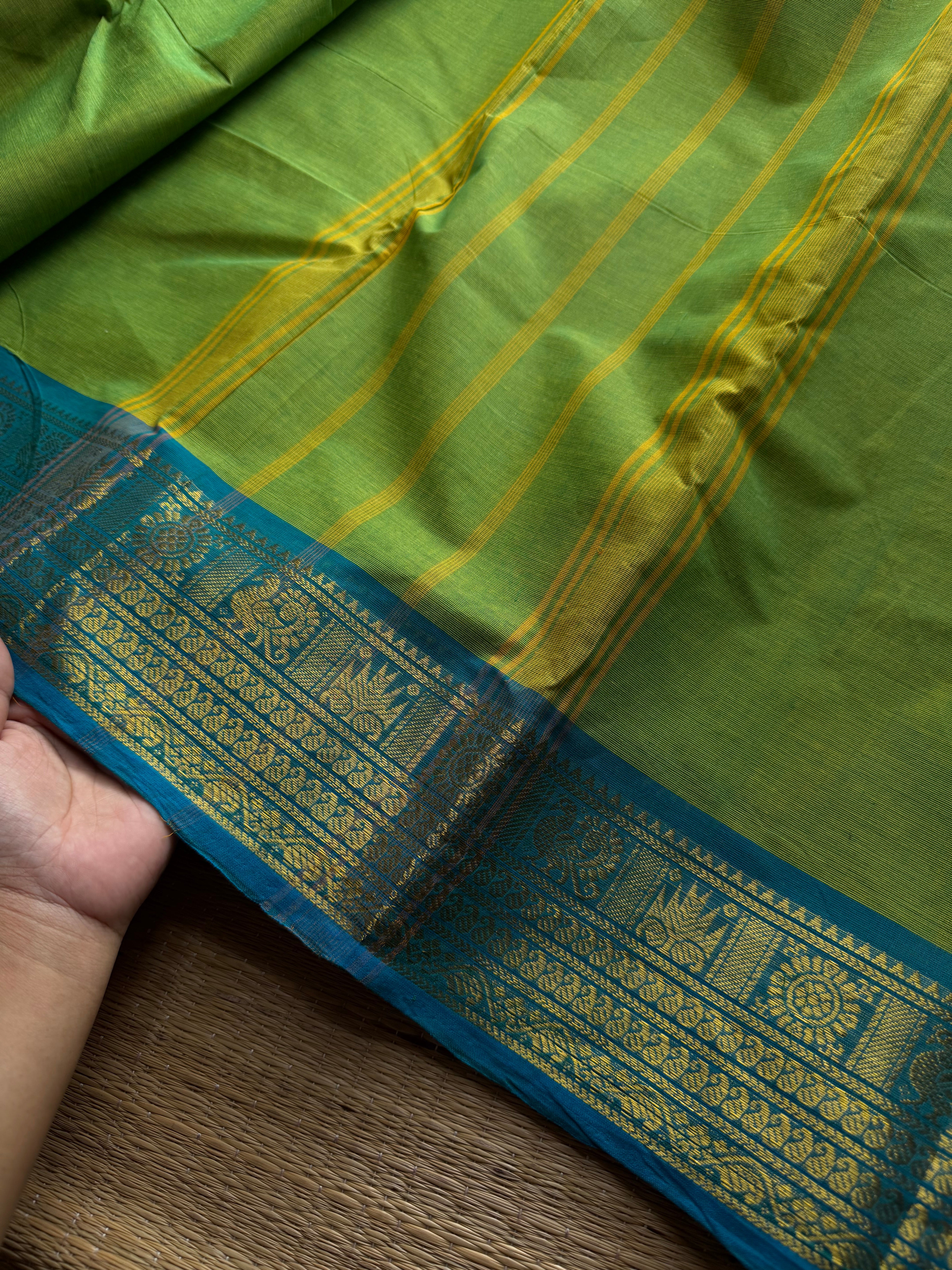 RF974 Green with sky blue combination Kanchi cotton saree with Annam and mango pattern border