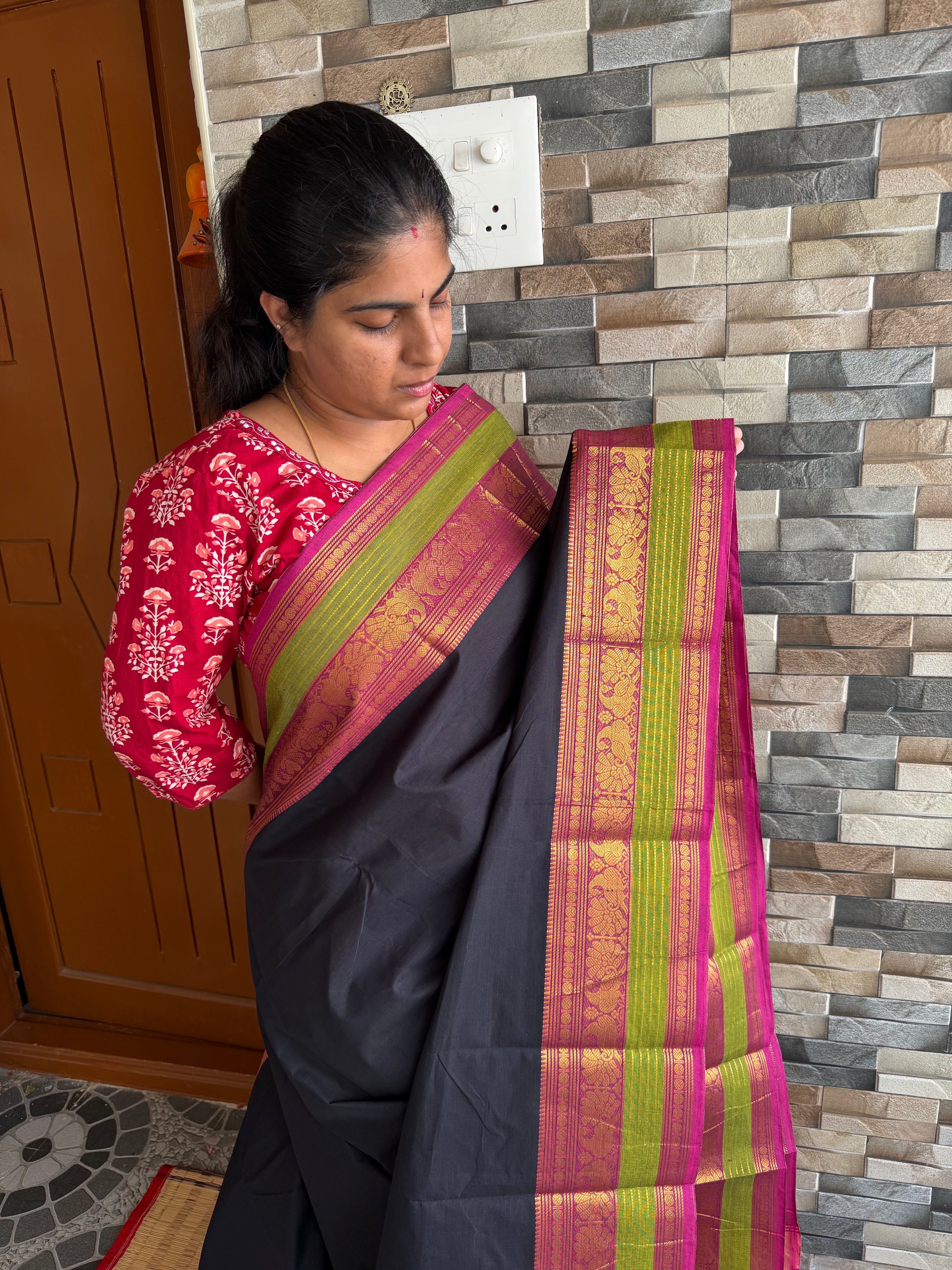 RF154 Black Kanchi Cotton Saree With contrast pink and parrot green combination medium size border with golden stripped lines Pallu