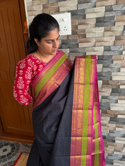 RF154 Black Kanchi Cotton Saree With contrast pink and parrot green combination medium size border with golden stripped lines Pallu