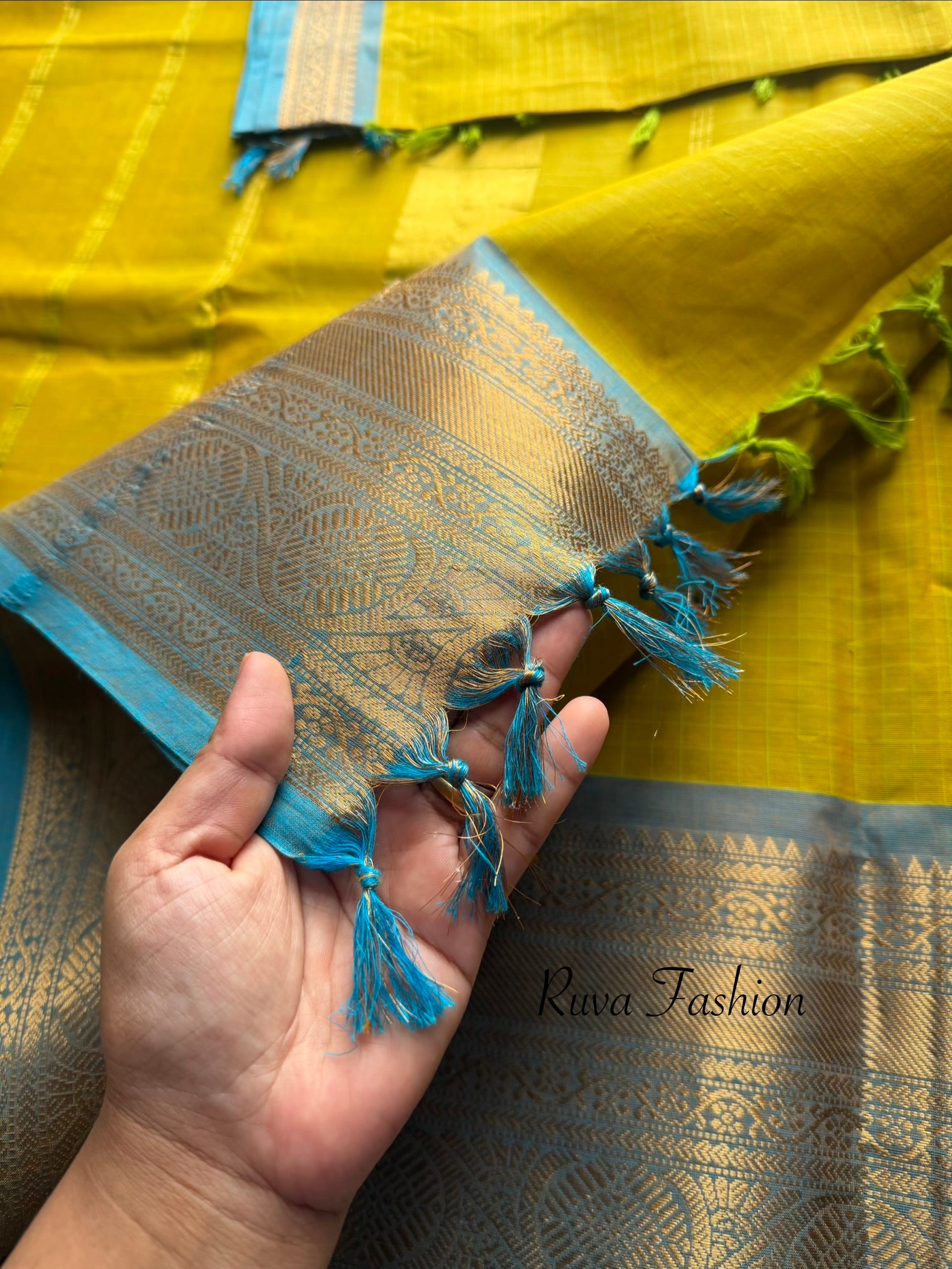 RF95 Dual tone yellow with sky blue border combination Kanchi cotton saree with checks / Kattam pattern