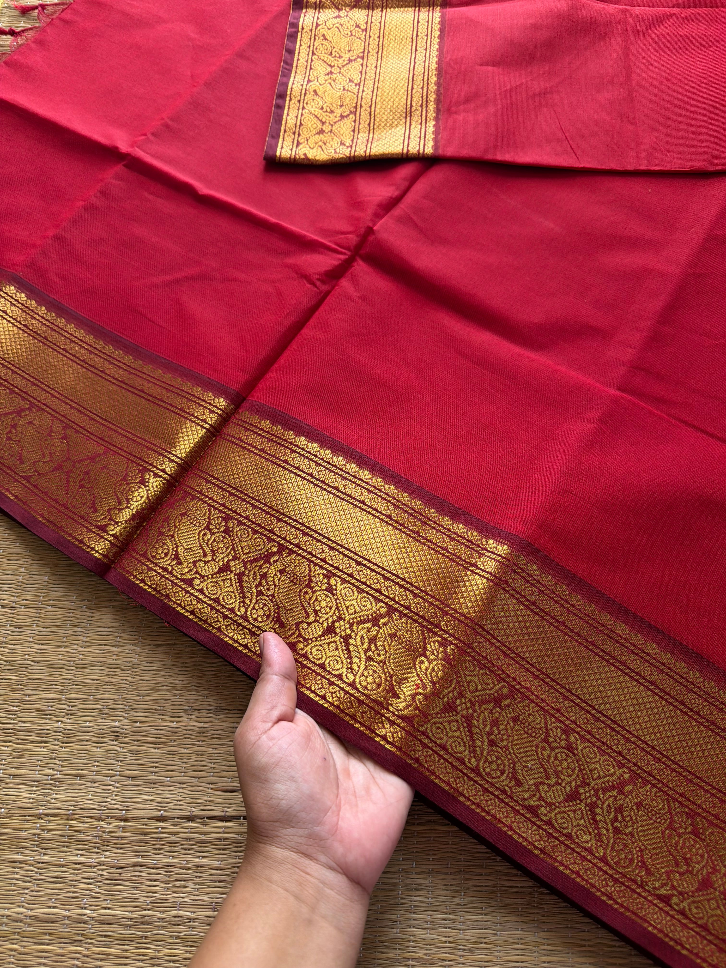 RF426 Red & maroon combination Kanchi cotton saree with Yazhi pattern border