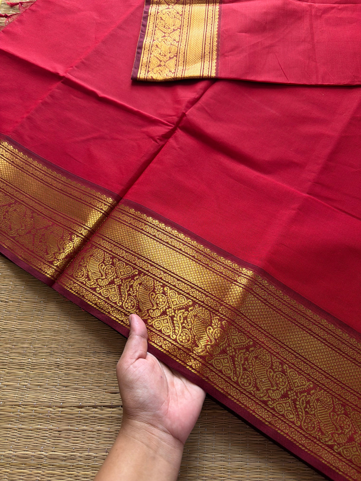 RF426 Red & maroon combination Kanchi cotton saree with Yazhi pattern border