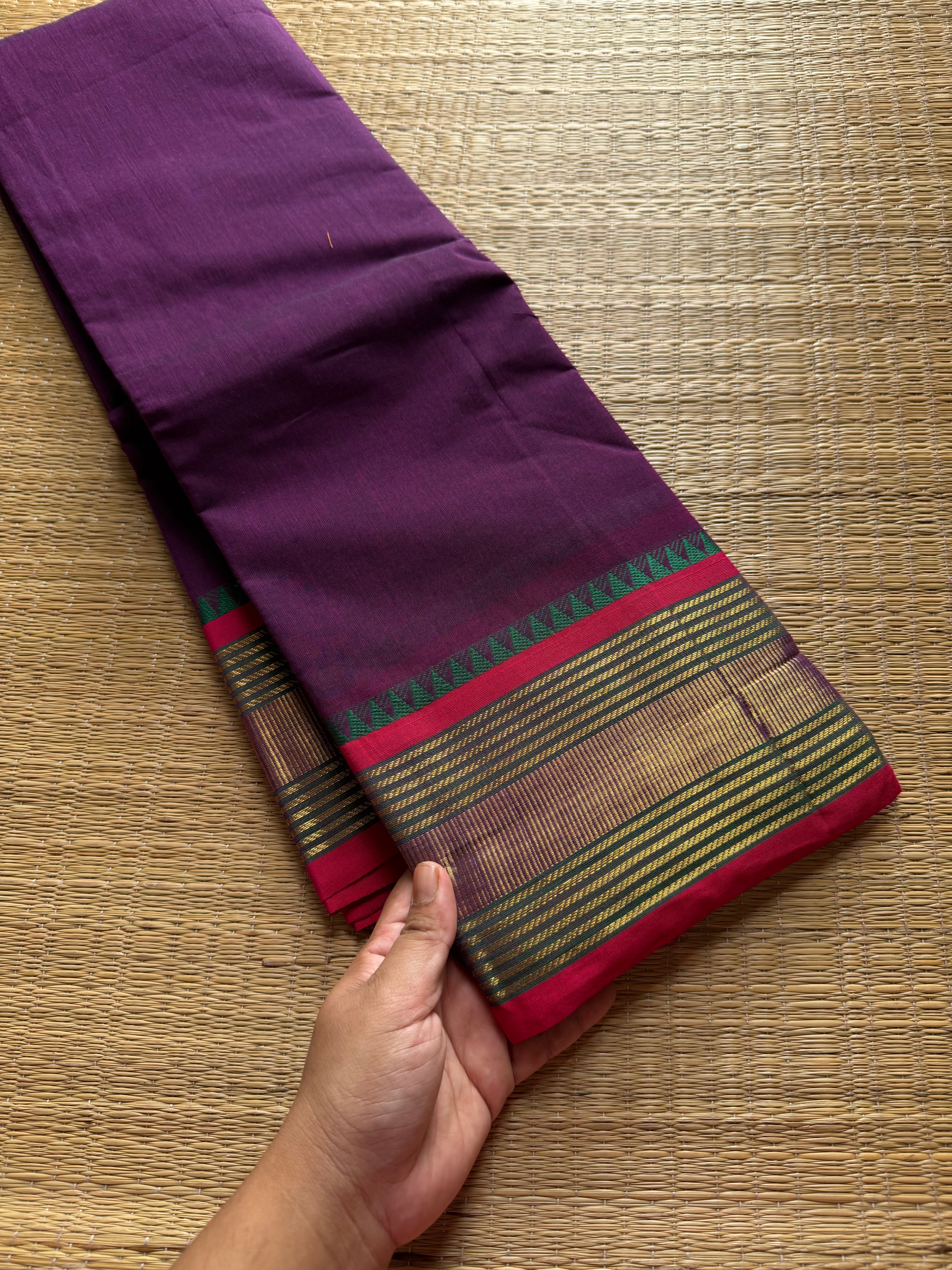 RF602 Dark purple shade Kanchi cotton saree with contrast border