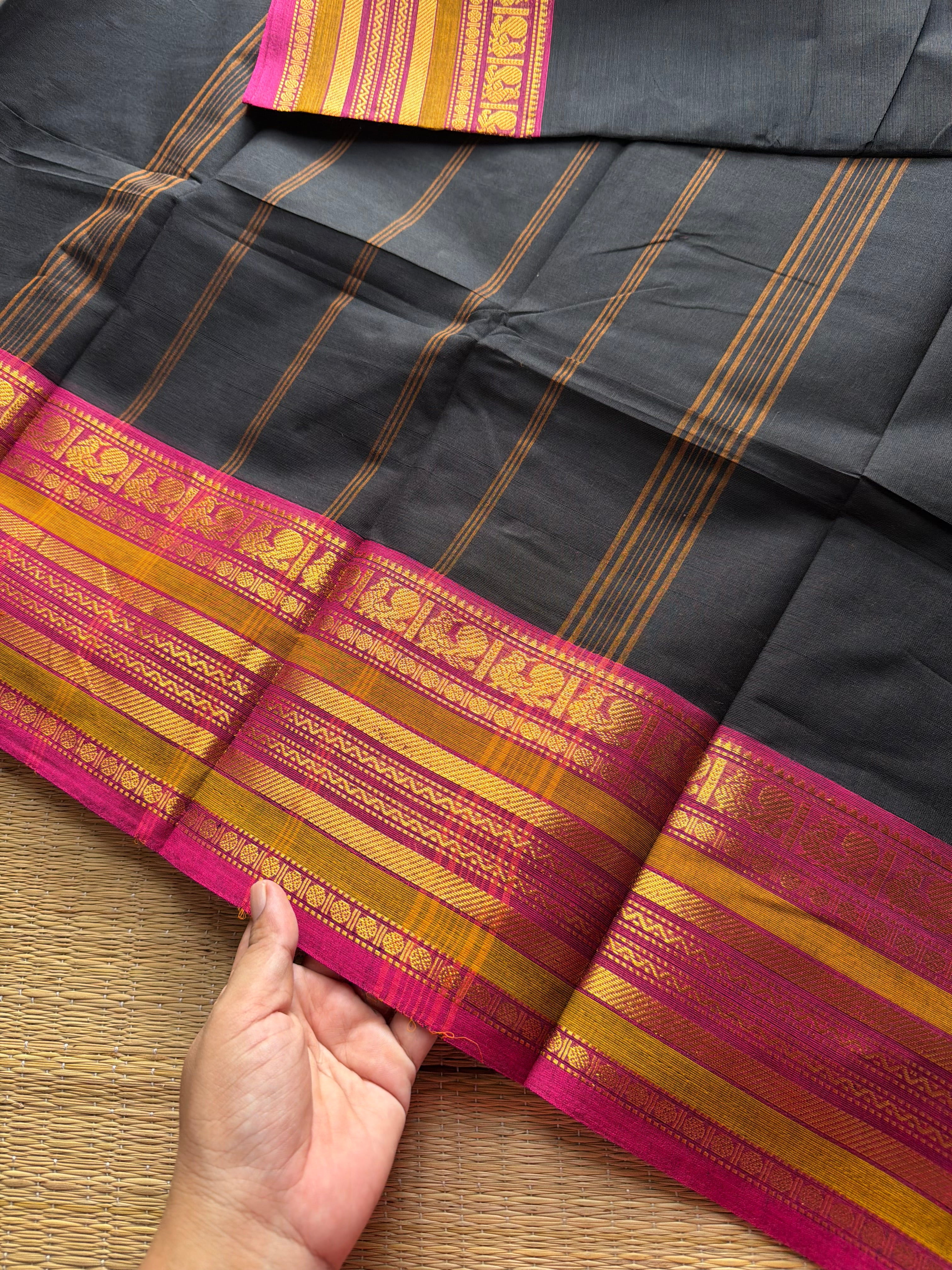 RF409 Black Kanchi cotton saree with contrast magenta pink silk saree inspired Varisaipet border