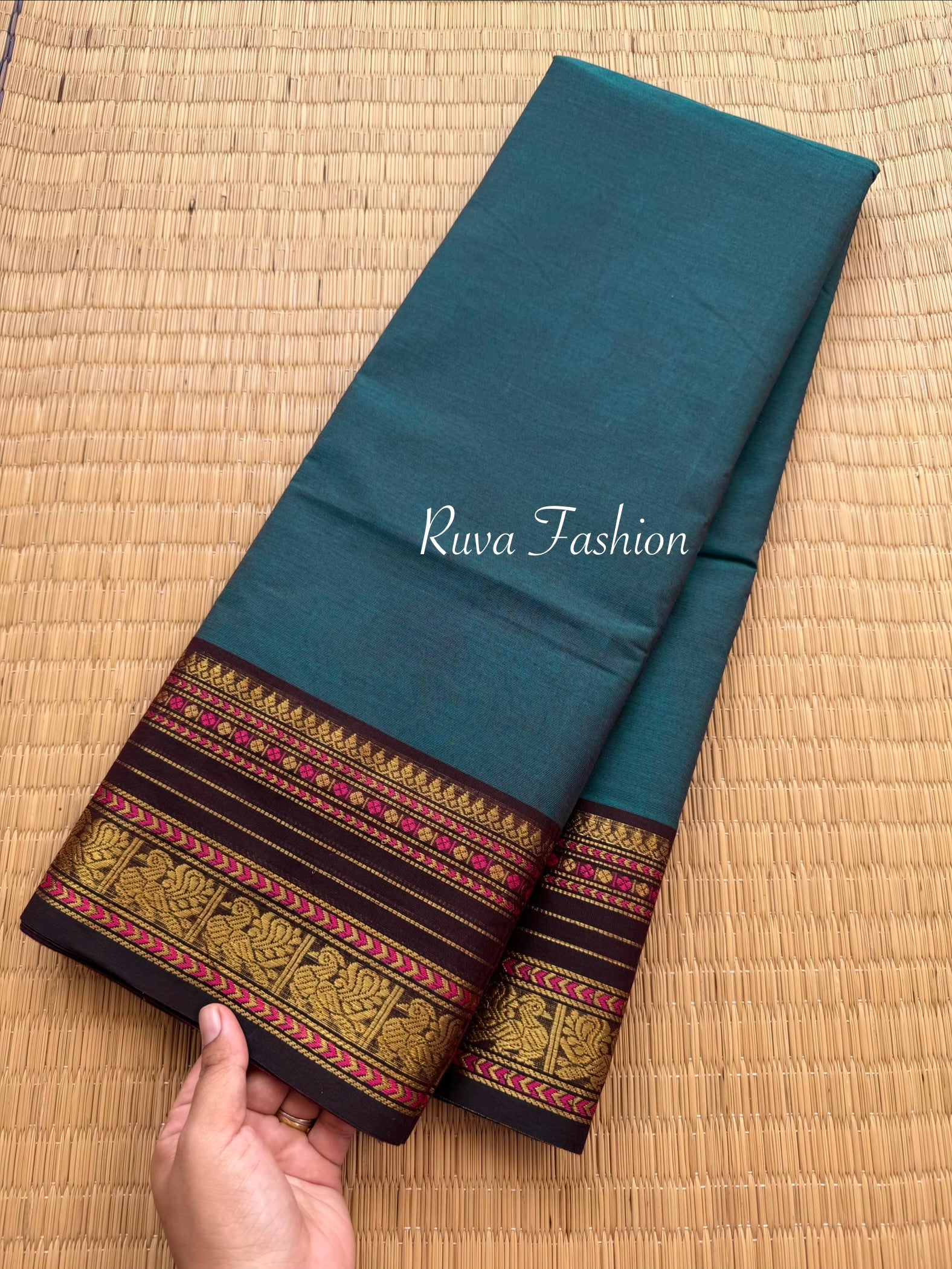 RF135 Dark teal Blue Shade With contrast brown combination vintage border Kanchi cotton saree
